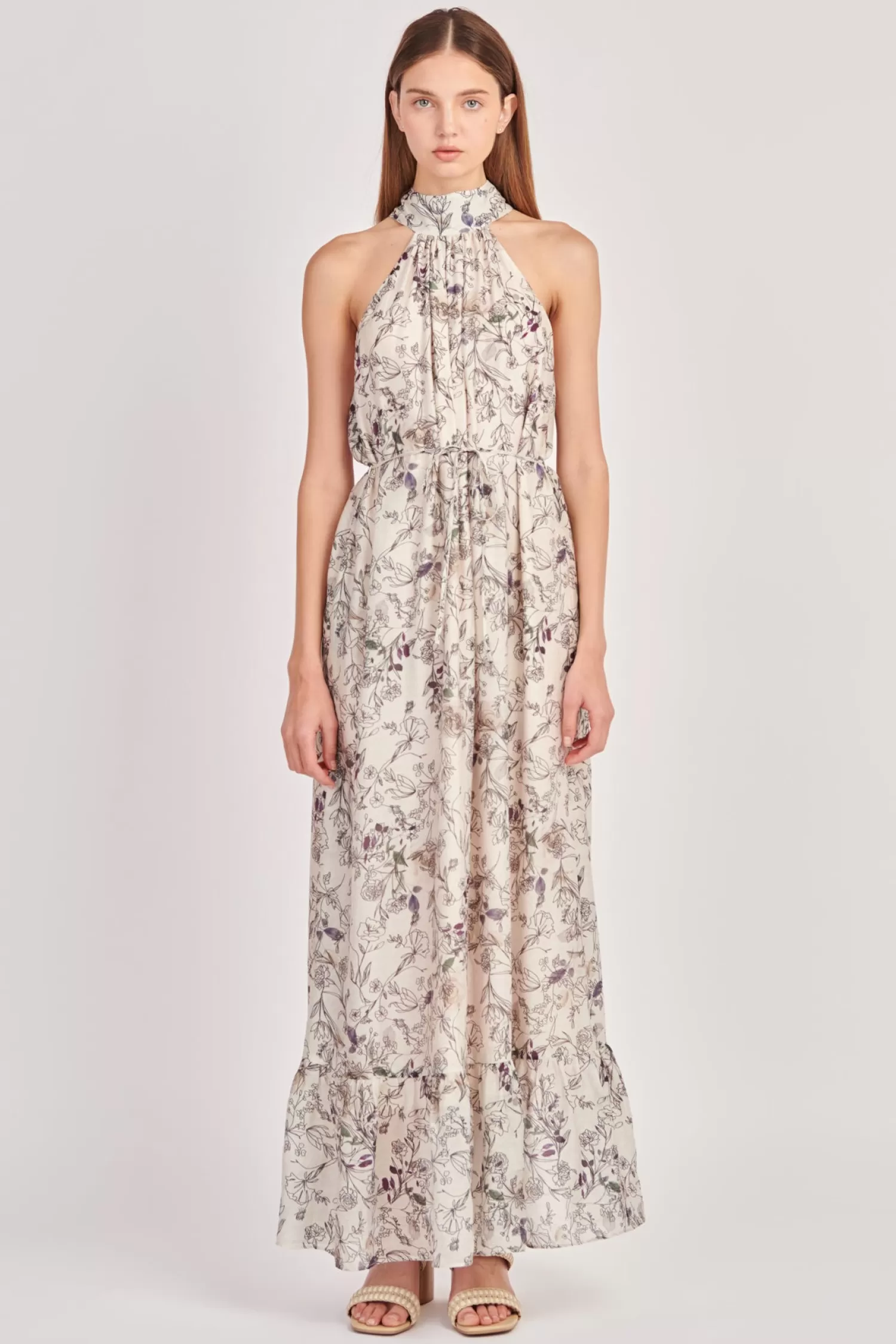 Cheap Abstract Floral Print Halter Maxi Dress Bridal Shower Glam | Special Occasion