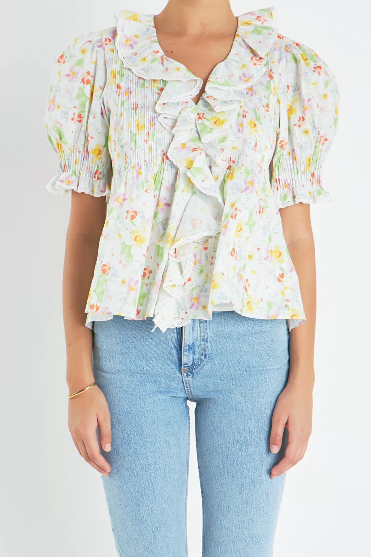 Cheap Abstract Floral Print Ruffle Top Tops