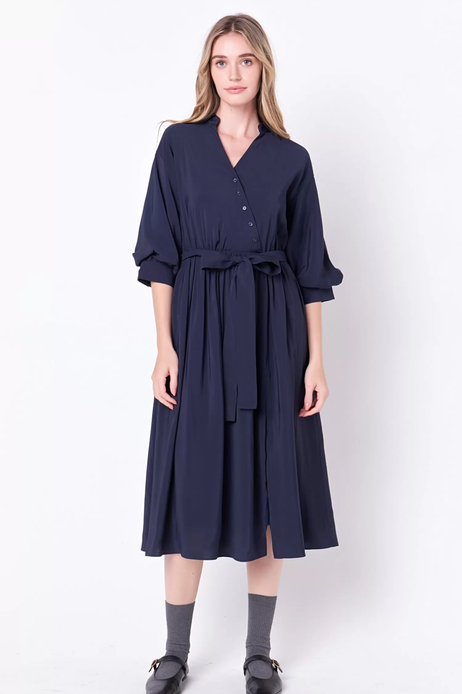 Clearance Angled Buttoned Wrap Midi Dress Office Chic | Midi Dresses