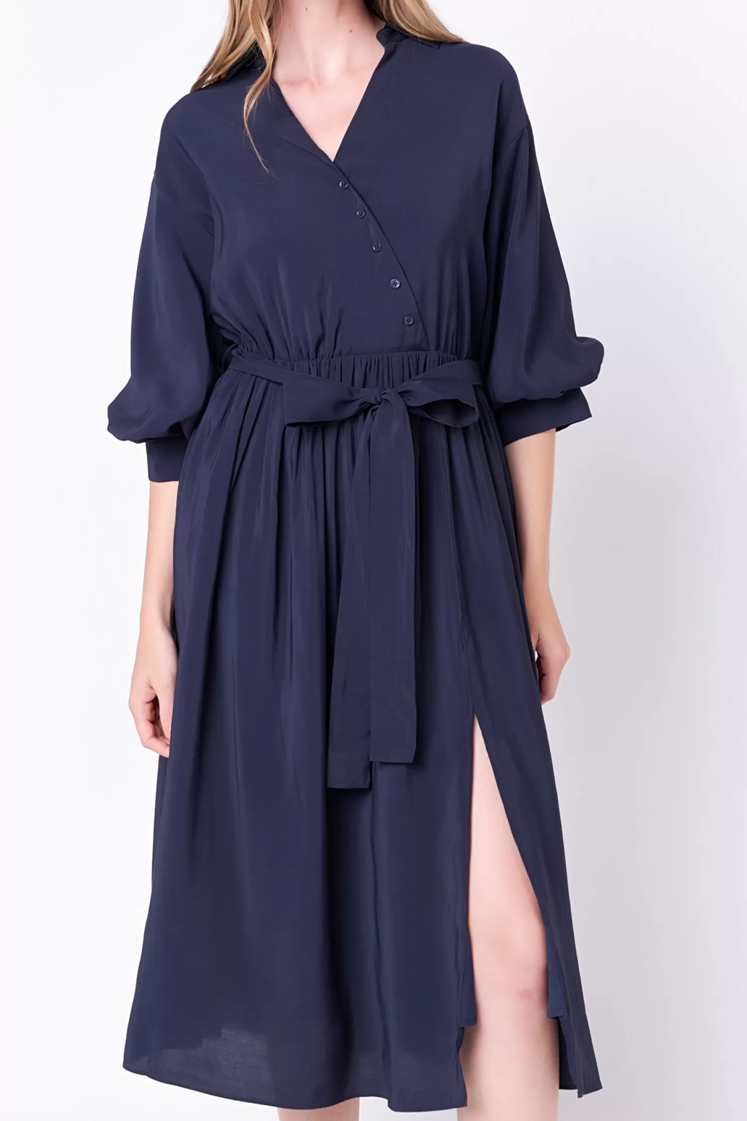 Clearance Angled Buttoned Wrap Midi Dress Office Chic | Midi Dresses