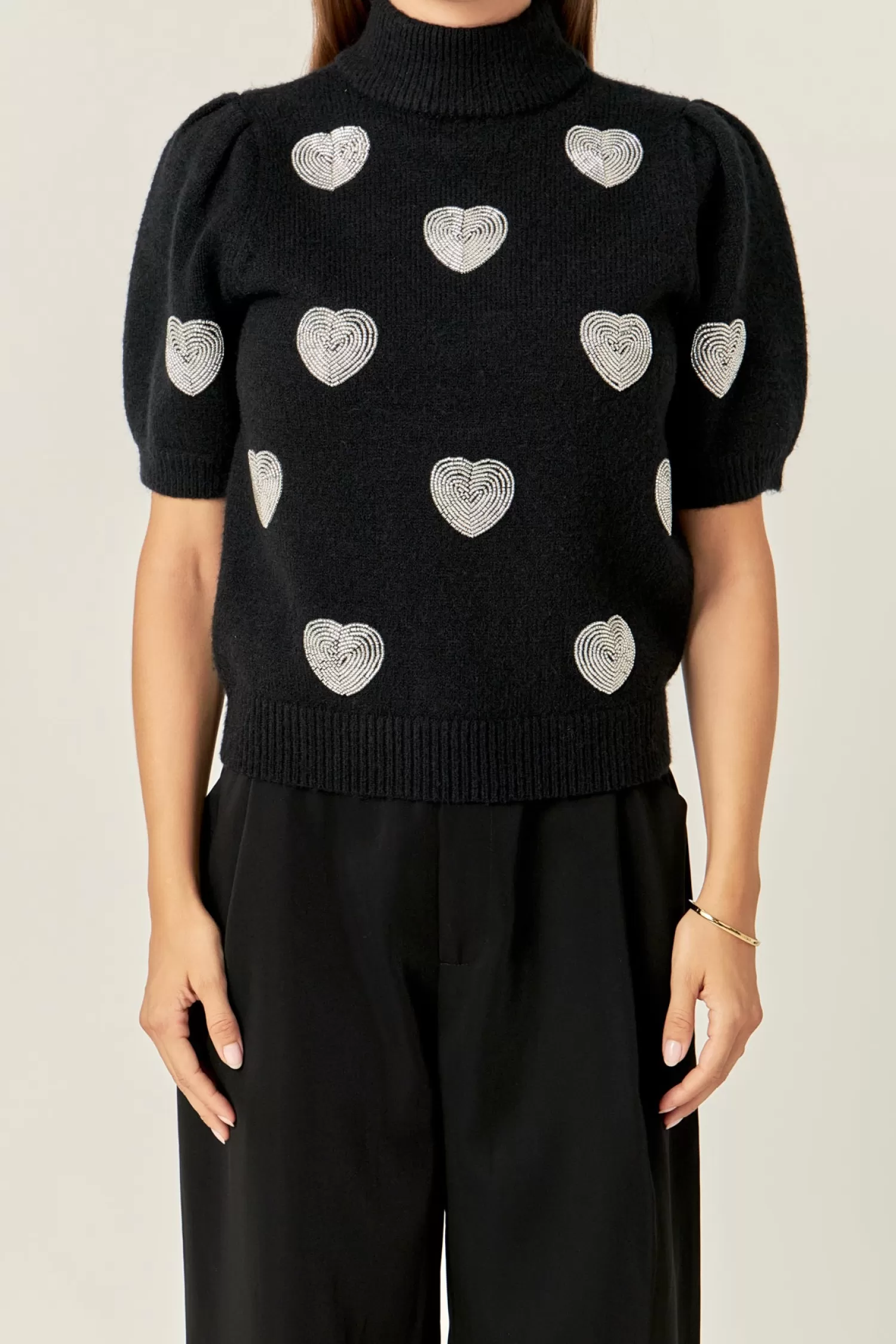 Cheap Beaded Heart Puff Sleeve Knit Puff Sleeve Perfection | Tops