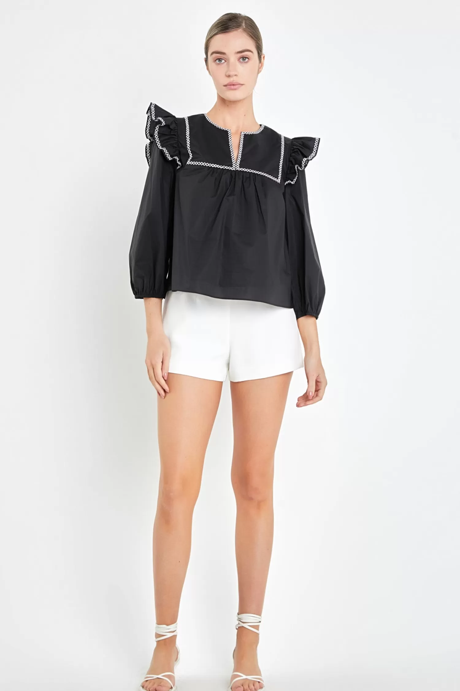 Cheap Black & White Contrast Embroidery Top Frills And Thrills | Tops