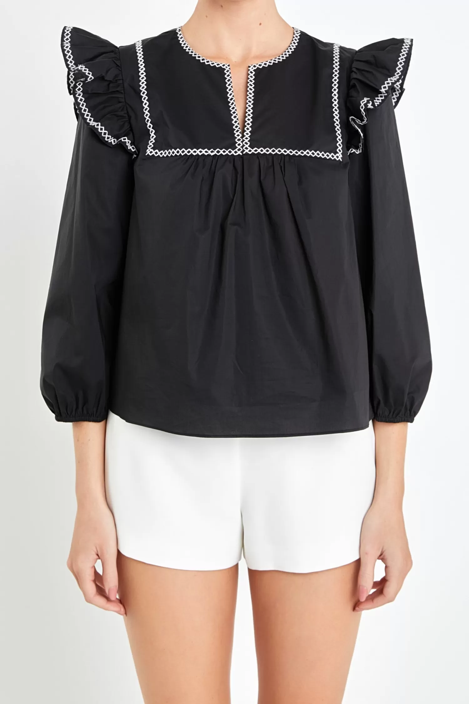 Cheap Black & White Contrast Embroidery Top Frills And Thrills | Tops