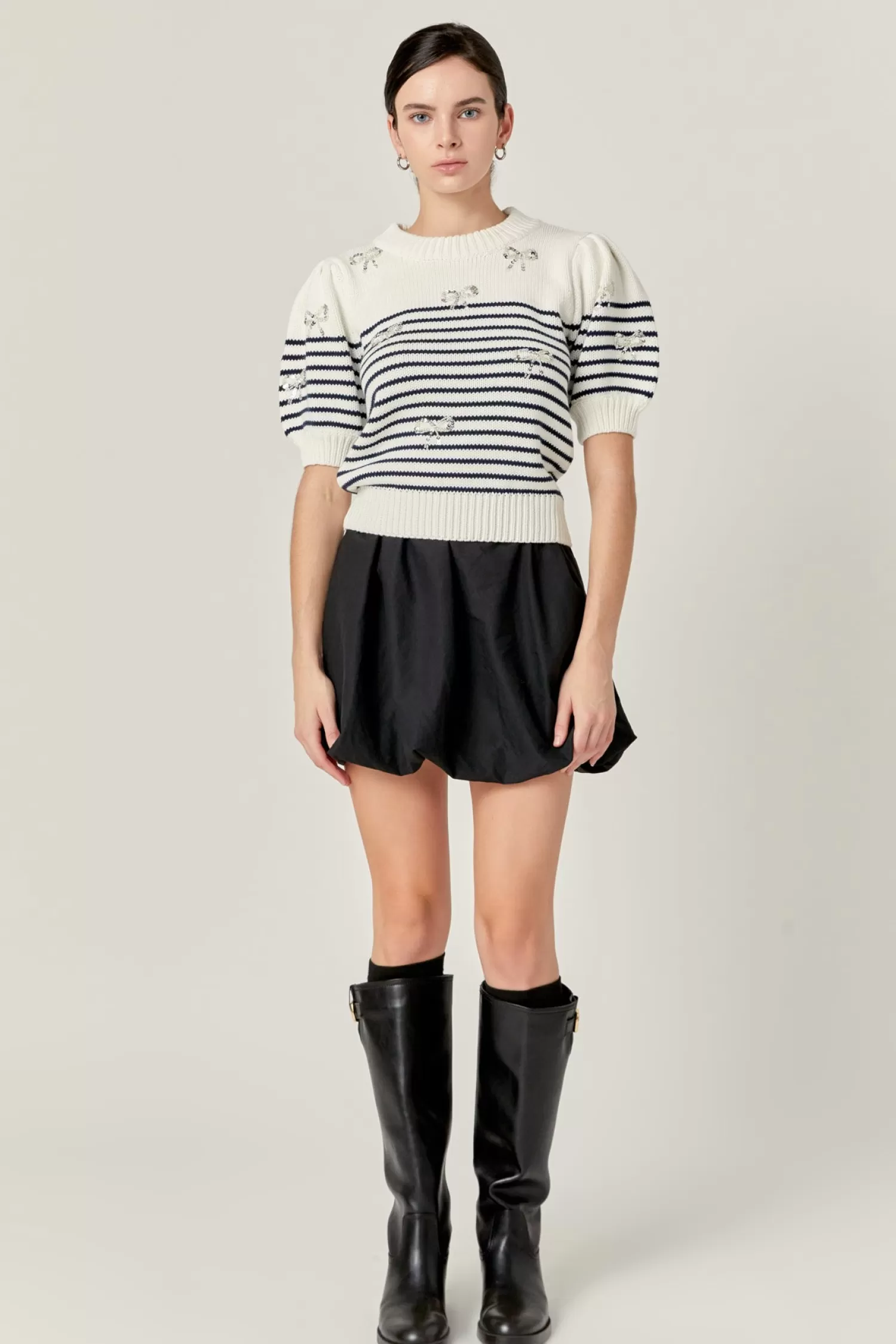 Hot Bow Detailed Stripe Knit Puff Sleeve Perfection | Tops