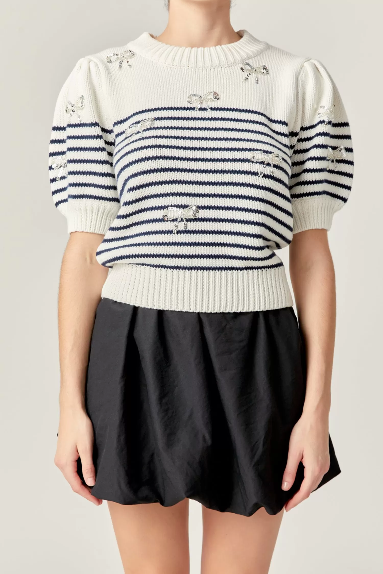 Hot Bow Detailed Stripe Knit Puff Sleeve Perfection | Tops