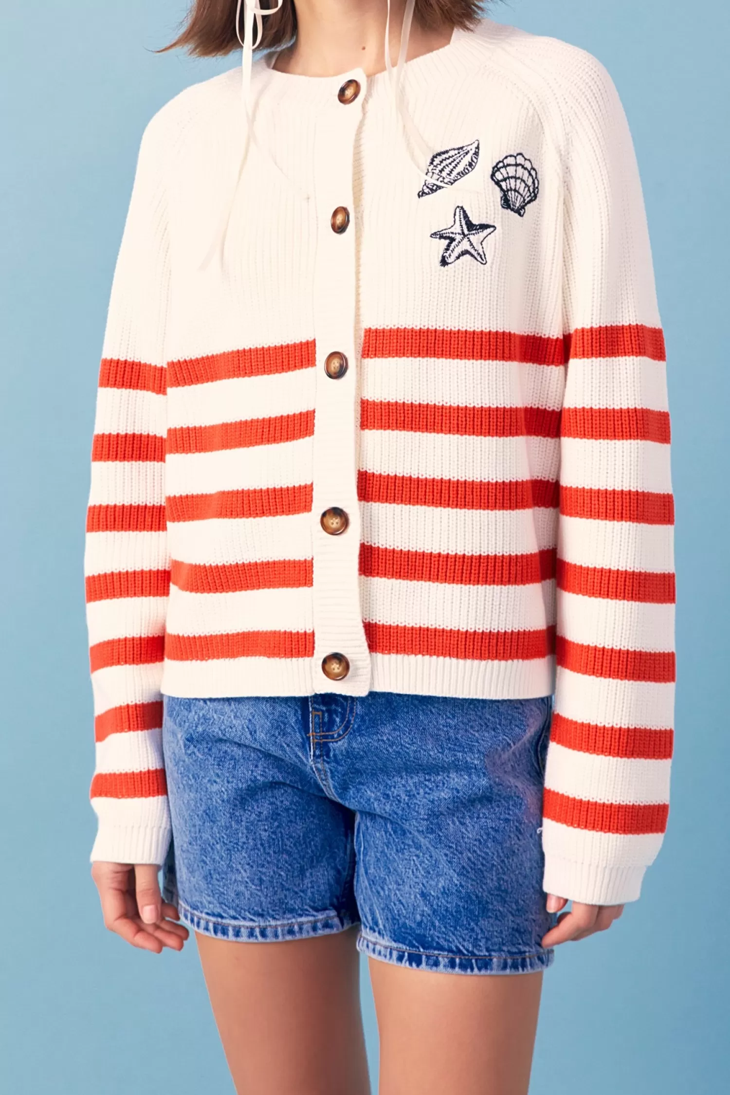 Shop Breton Striped Cardigan with Shell Embroidery Sweaters & Knits | Sweater Season