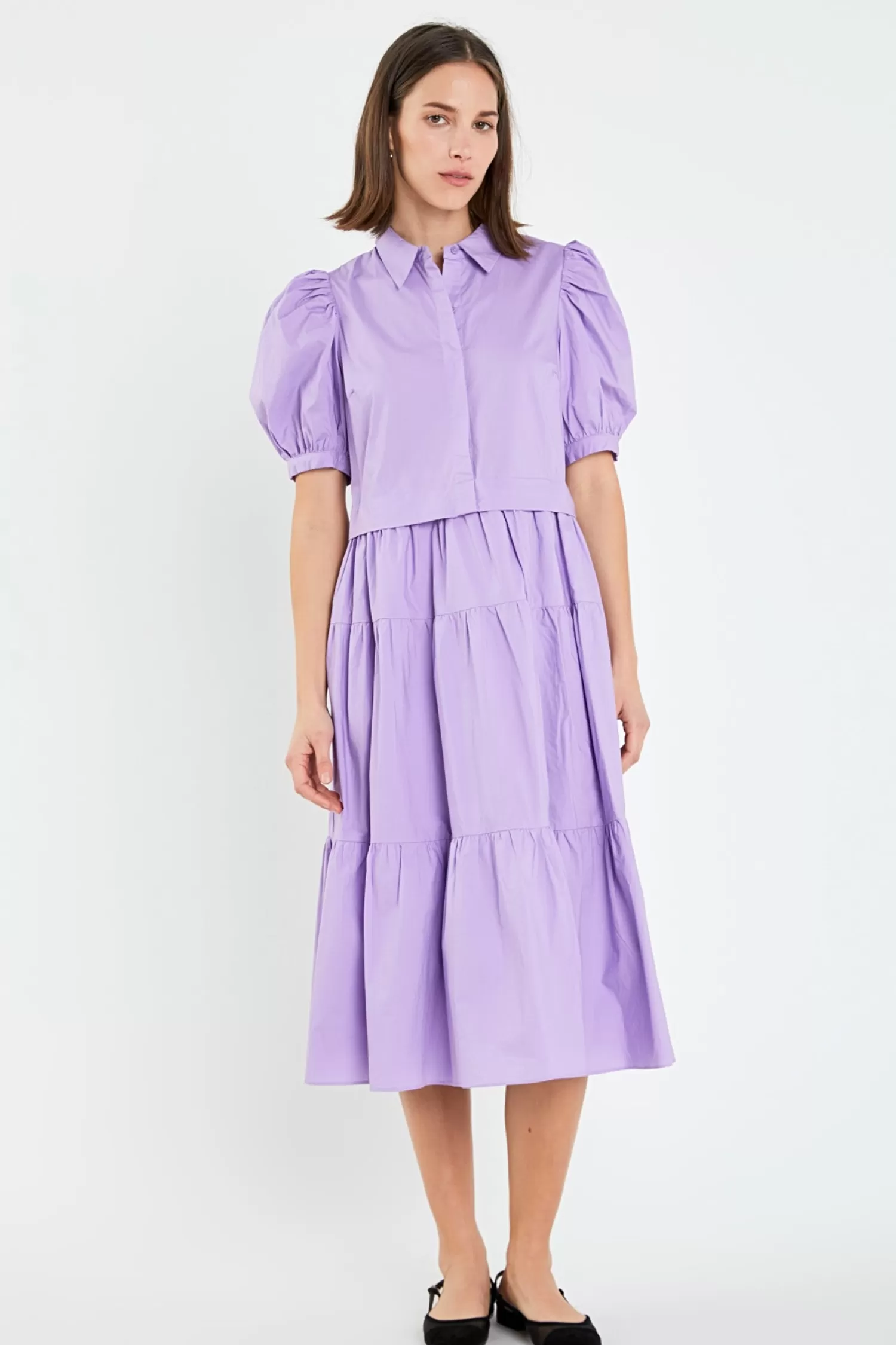 Outlet Button Closure Puff Sleeve Midi Dress Office Chic | Shirt Dresses