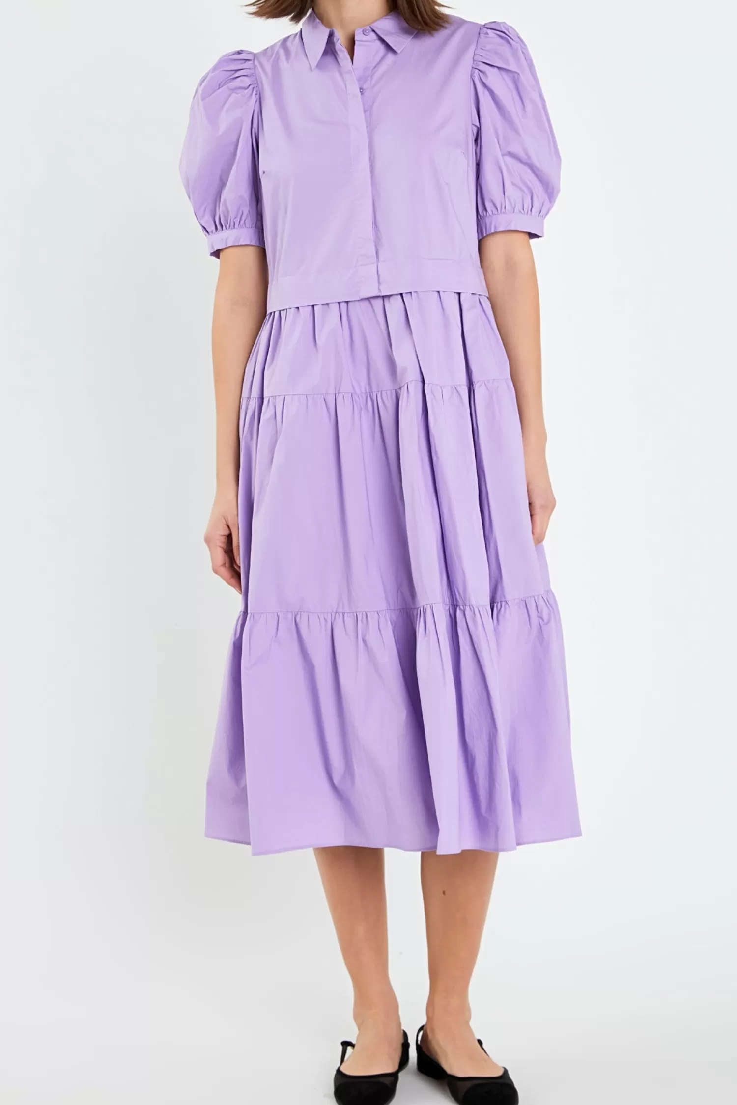 Outlet Button Closure Puff Sleeve Midi Dress Office Chic | Shirt Dresses