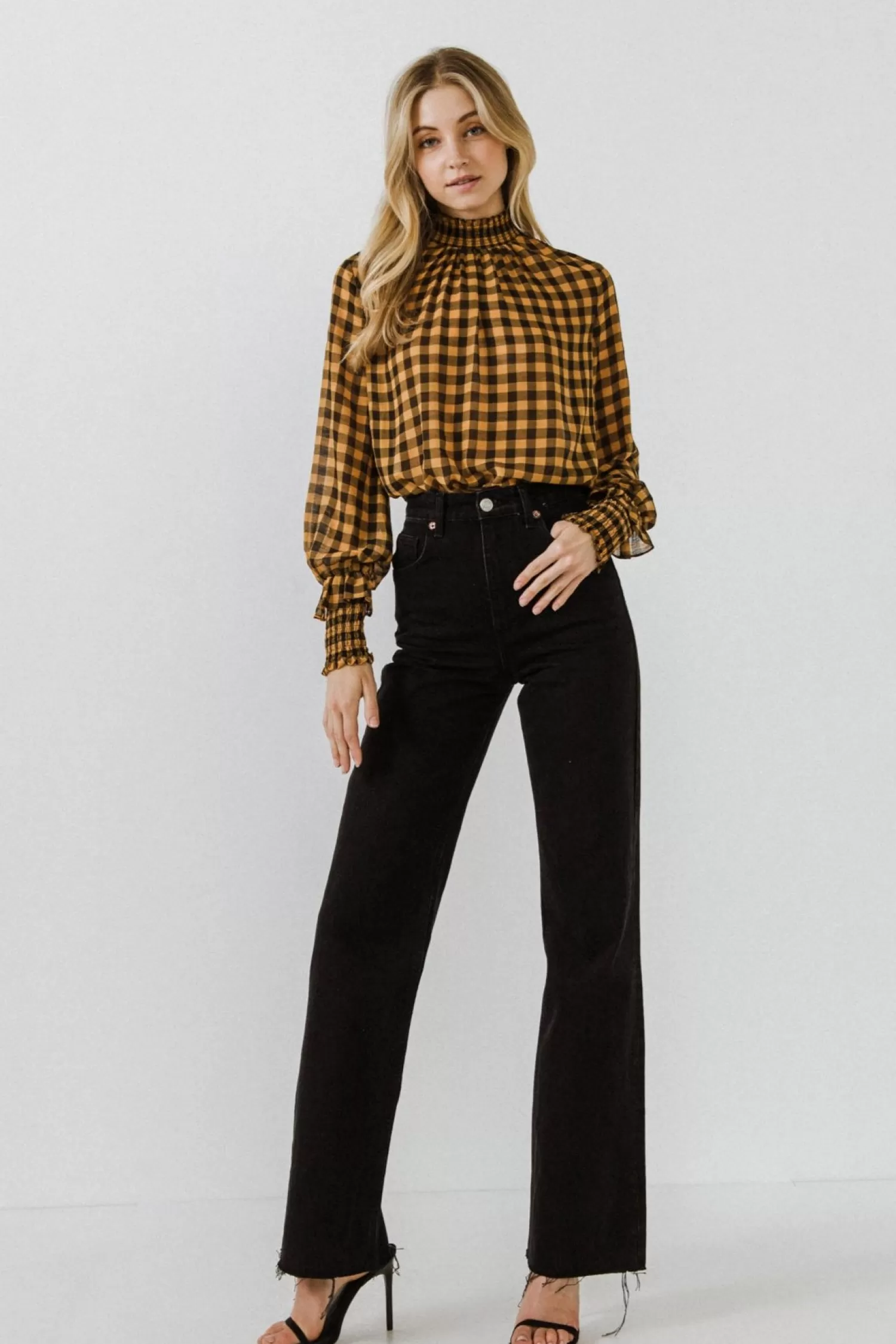 Shop Checker Blouse with Mock Neck Tops