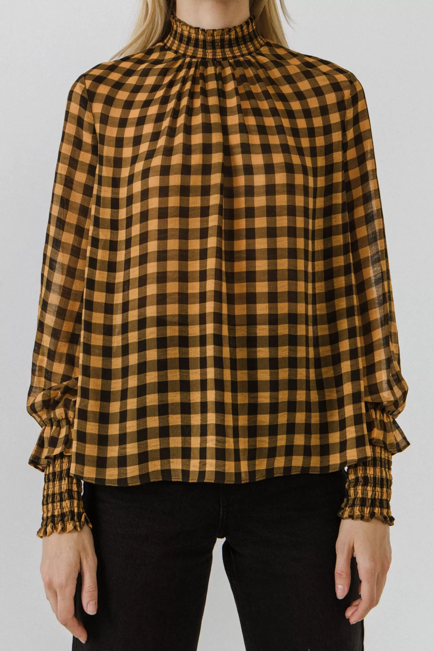 Shop Checker Blouse with Mock Neck Tops