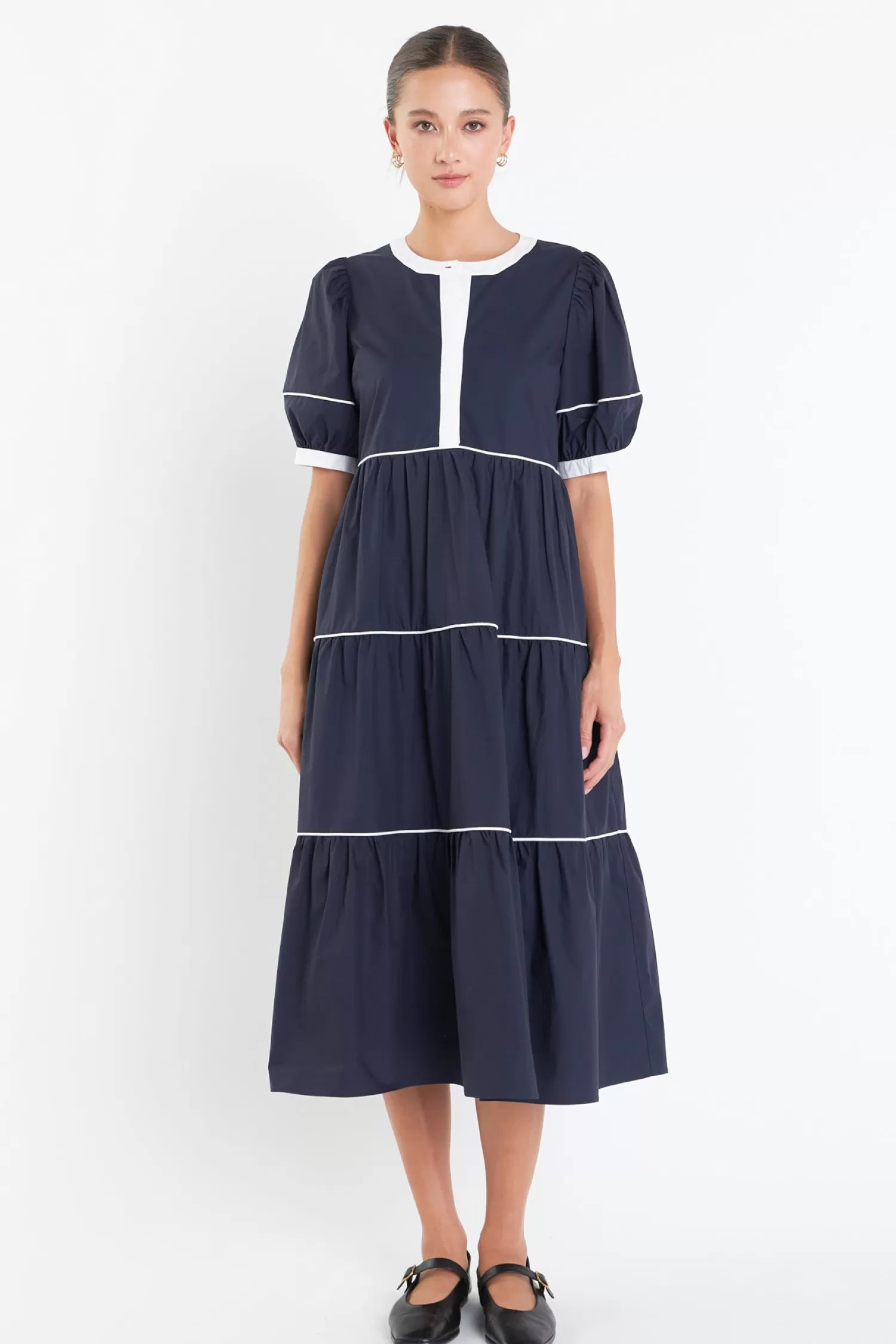 Clearance Contrast Midi Dress Midi Dresses | Puff Sleeve Perfection