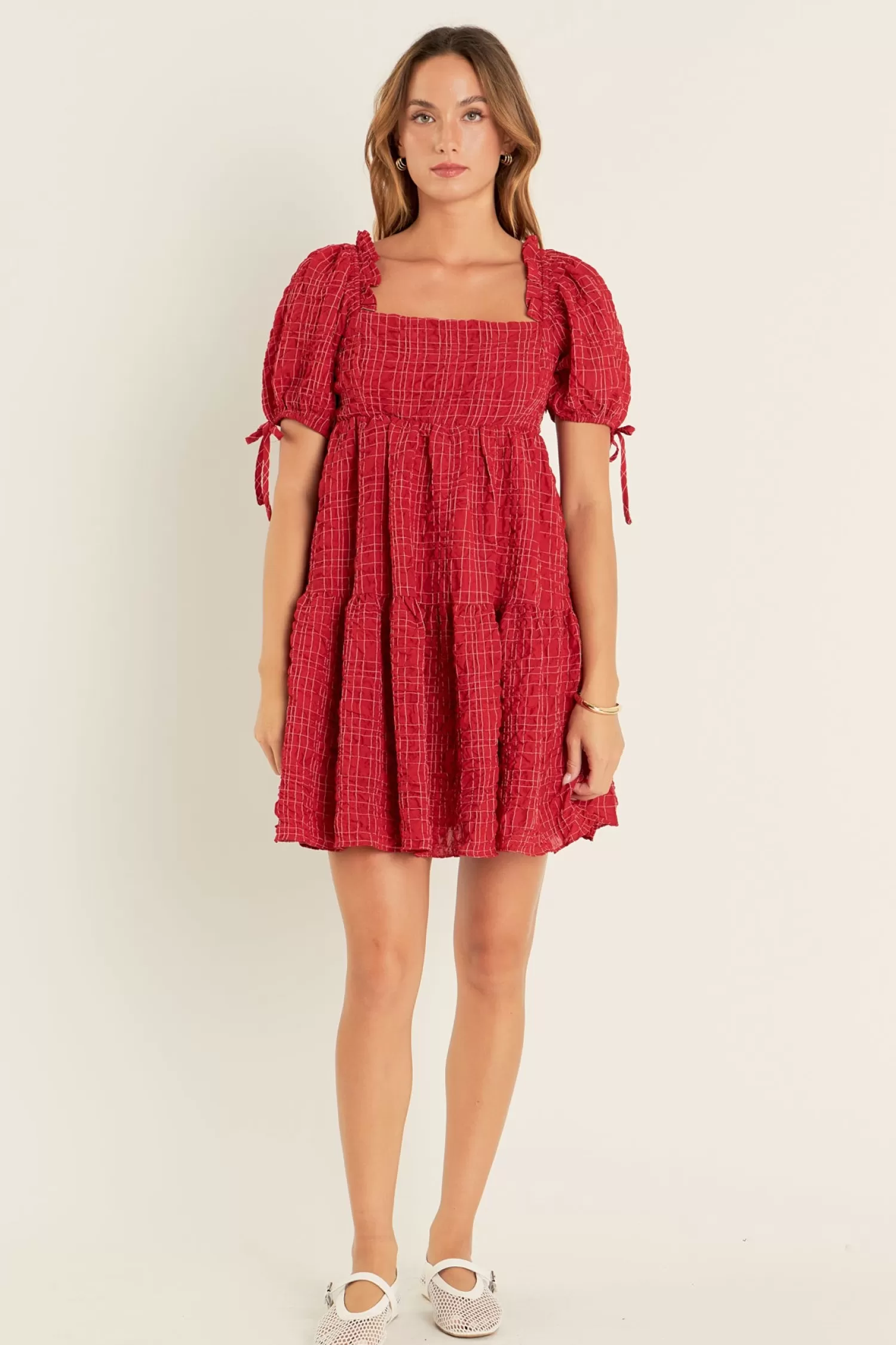 Shop Crinkled Gingham Flounce Dress Mini Dresses | Career Closet