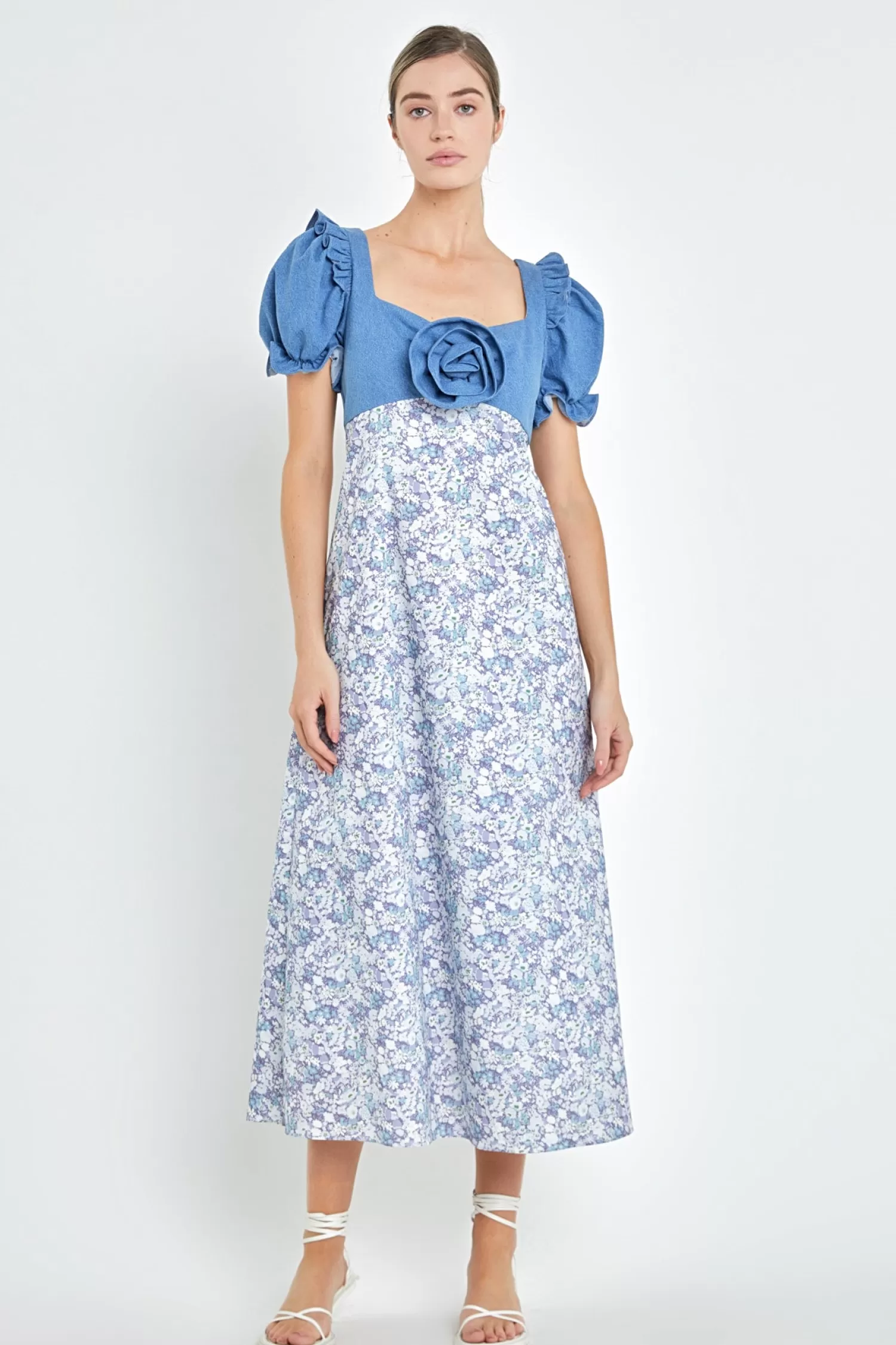 New Denim Combo Floral Print Maxi Dress Maxi Dresses | Puff Sleeve Perfection