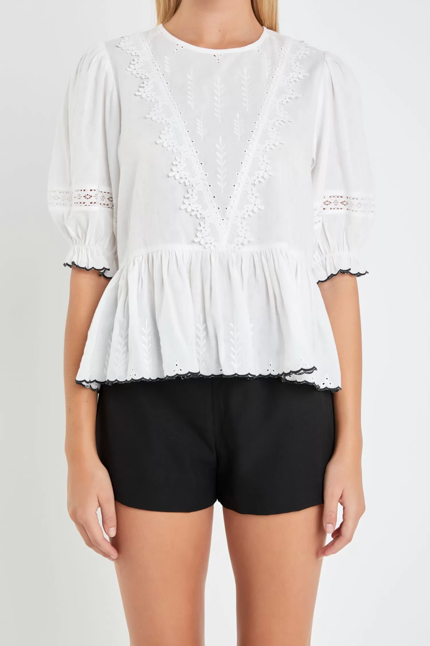 Cheap Embroidered Blouse with Scalloped Hem Tops