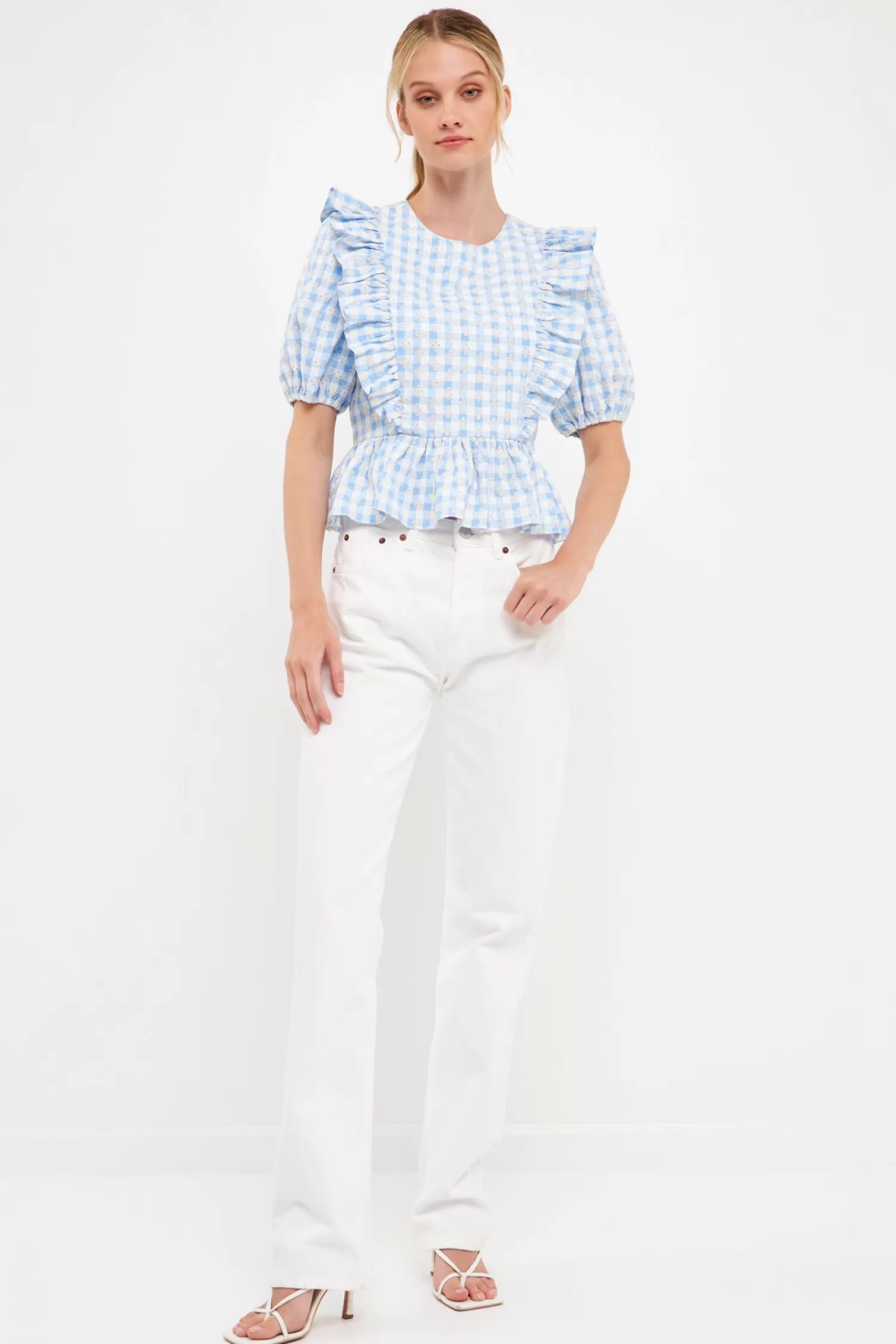 Outlet Embroidered Gingham Checked Ruffle Top Frills And Thrills | Puff Sleeve Perfection