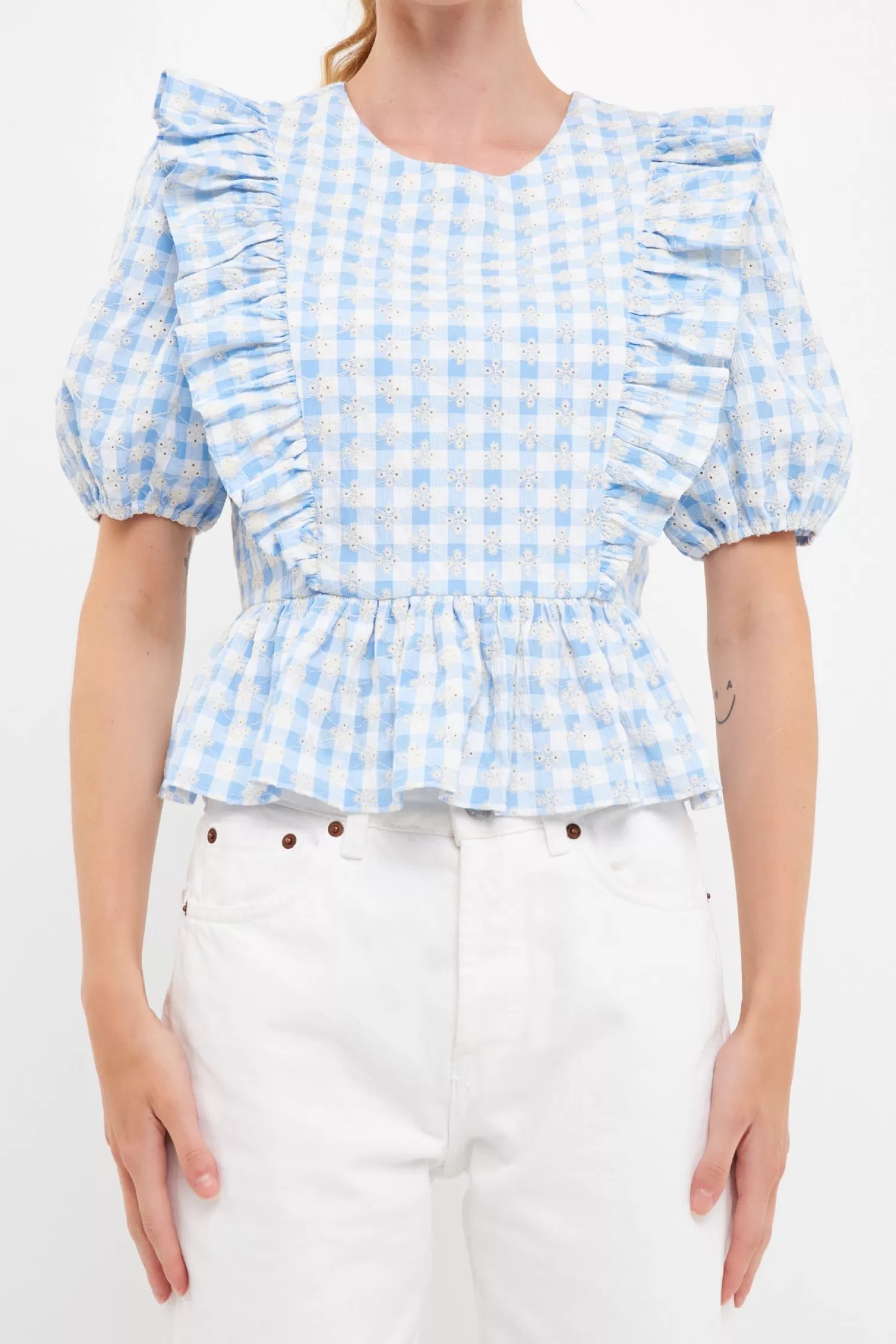 Outlet Embroidered Gingham Checked Ruffle Top Frills And Thrills | Puff Sleeve Perfection