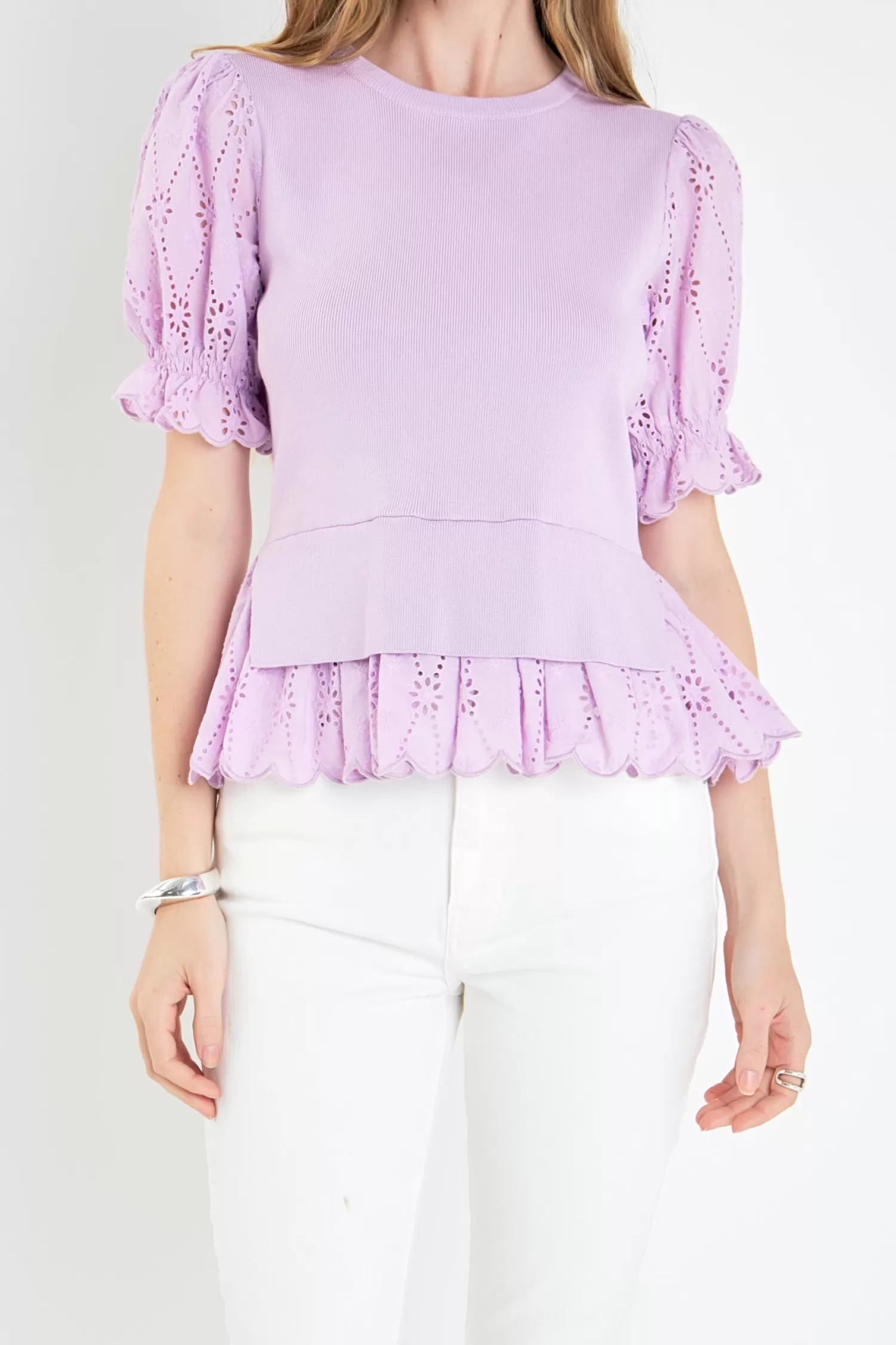 Outlet Eyelet Mixed Media Knit Top Mixed Media | Date-Night Ready