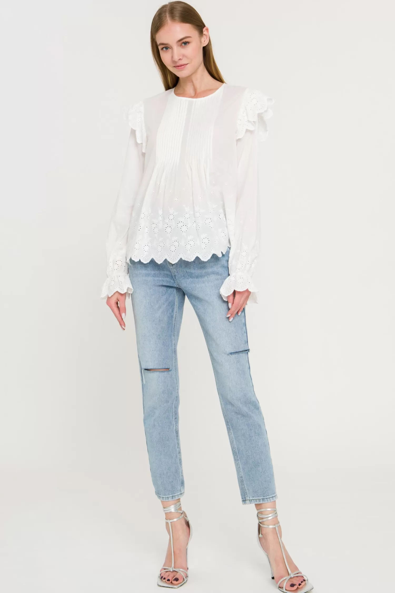 Store Eyelet Pintuck Blouse Tops