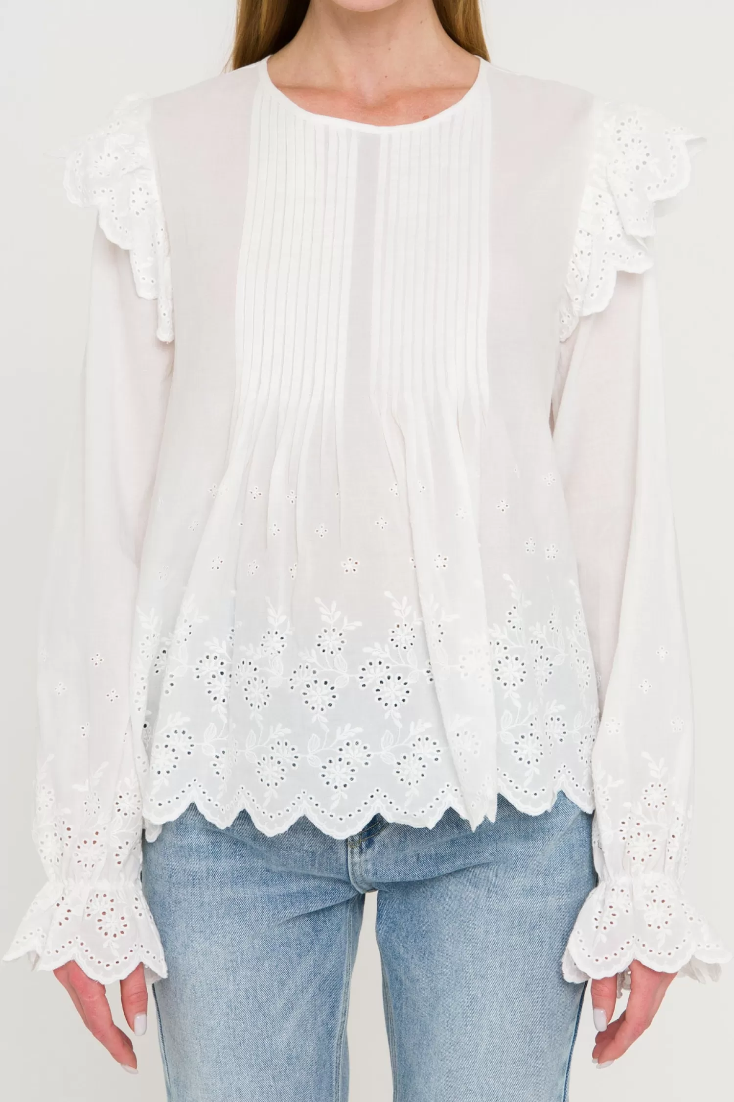 Store Eyelet Pintuck Blouse Tops