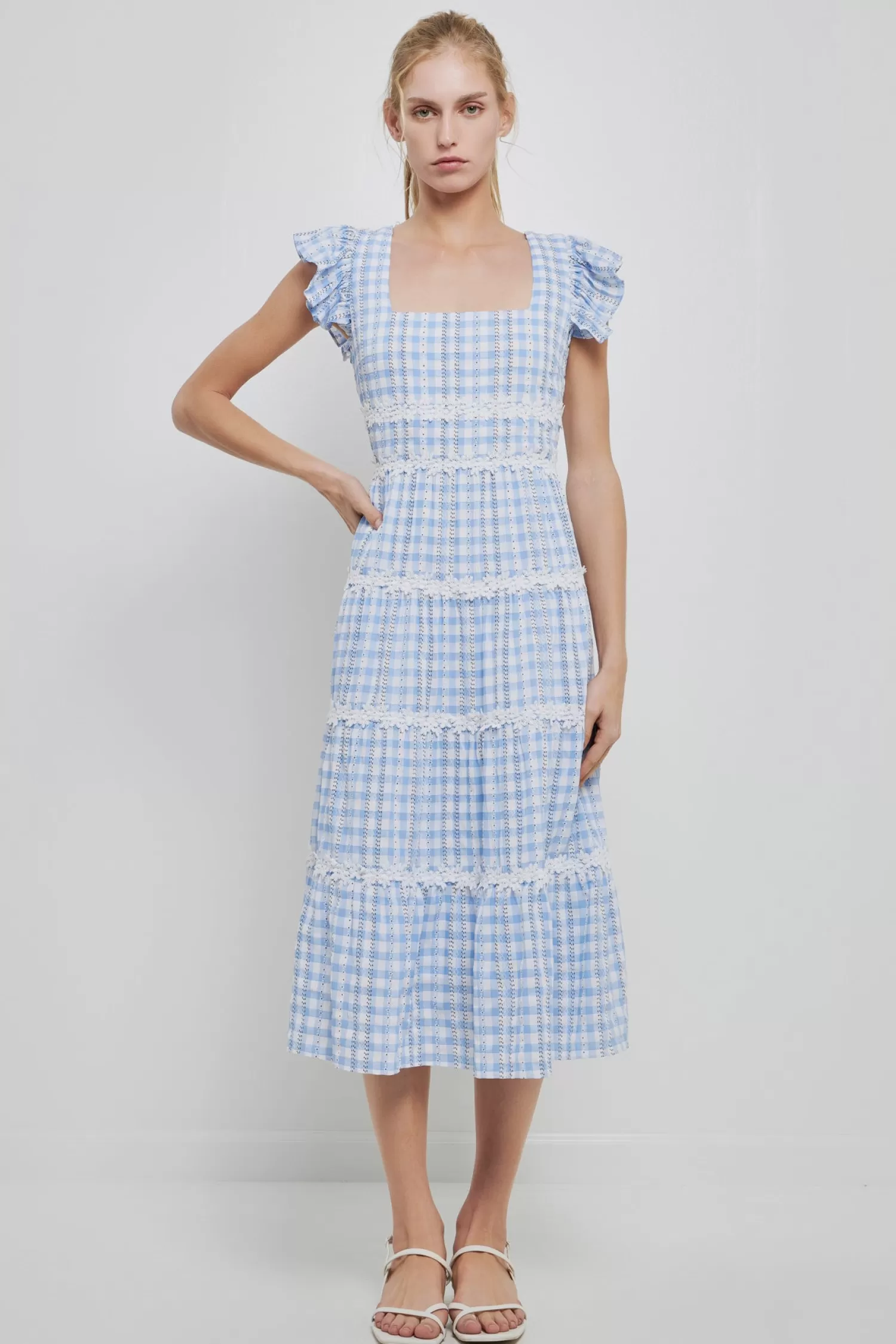 New Floral Lace Gingham Printed Midi Dress Bridal Shower Glam | Special Occasion