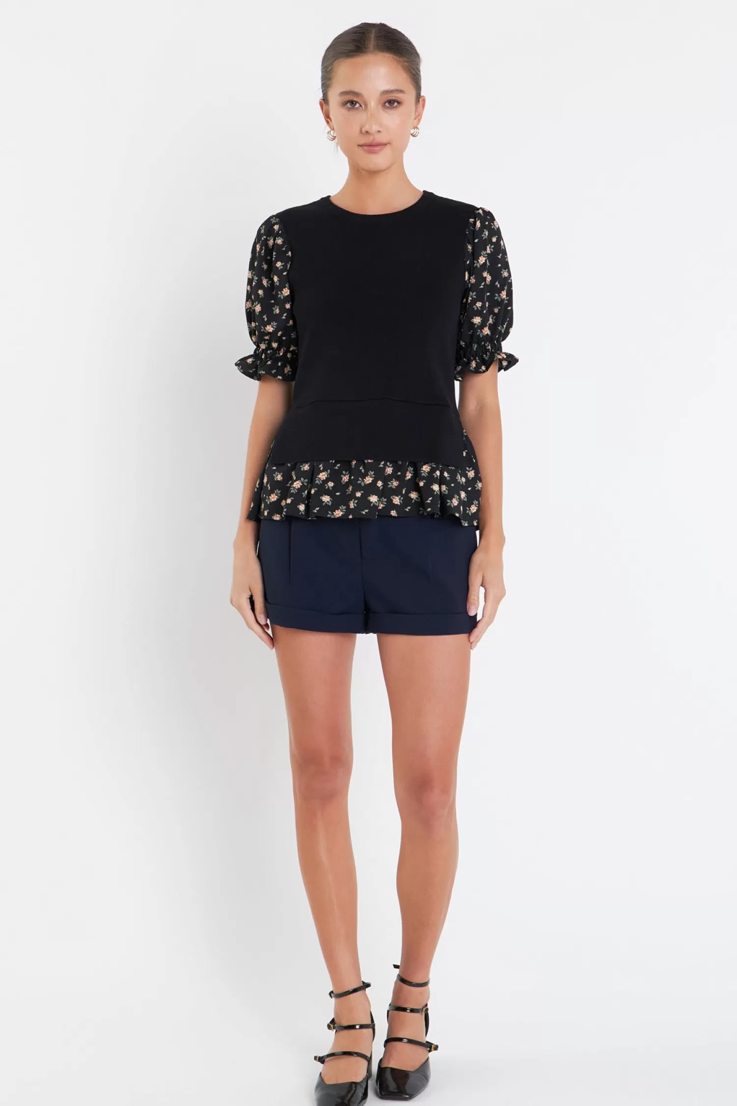 New Floral Mixed Knit Top Puff Sleeve Perfection | Tops