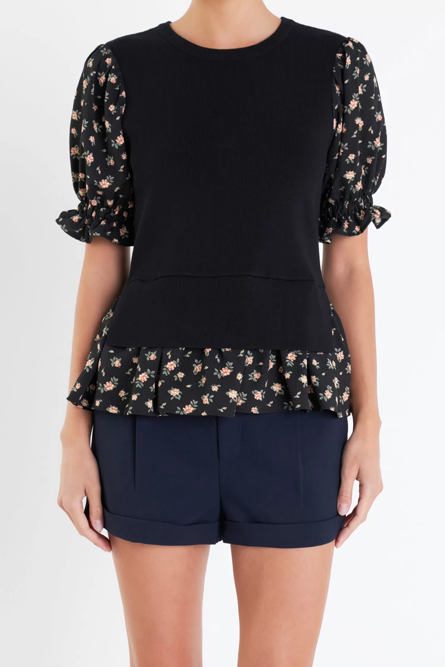 New Floral Mixed Knit Top Puff Sleeve Perfection | Tops