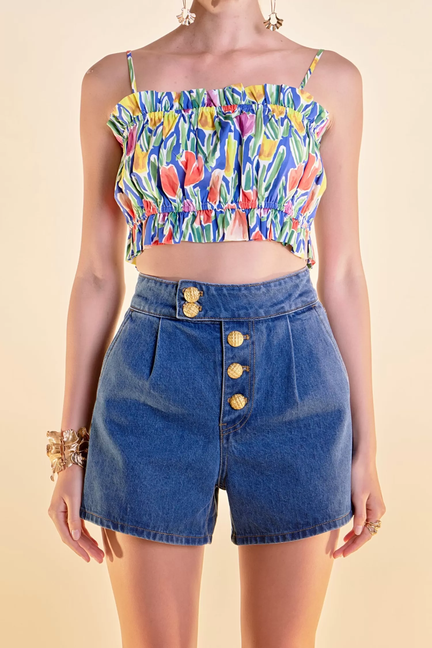 Clearance Floral Print Ruffled Cropped Top Wanderlust Wardrobe | Tops