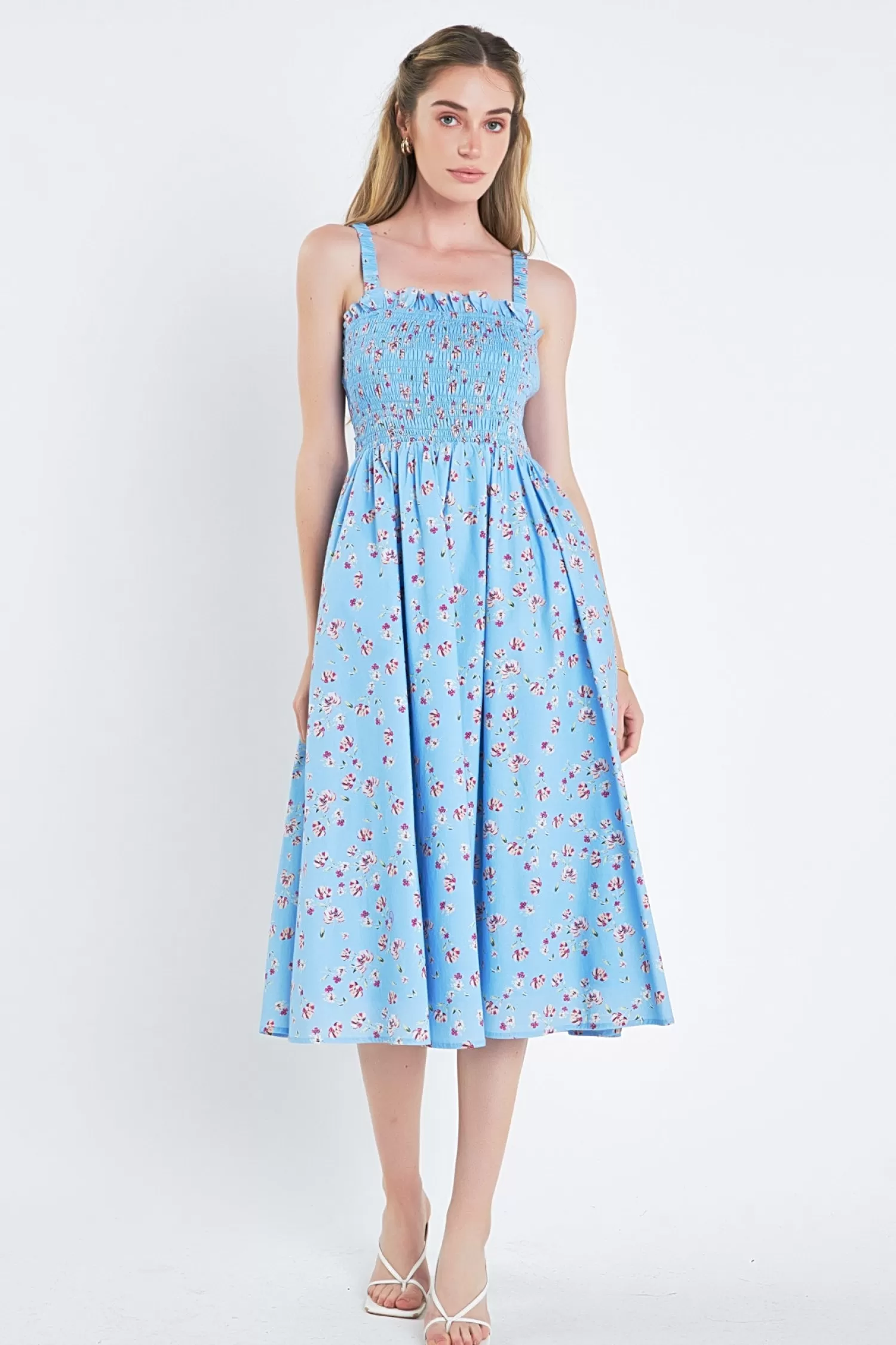 Outlet Floral Print Smocked Dress in Blue Midi Dresses | Best Dressed Guest