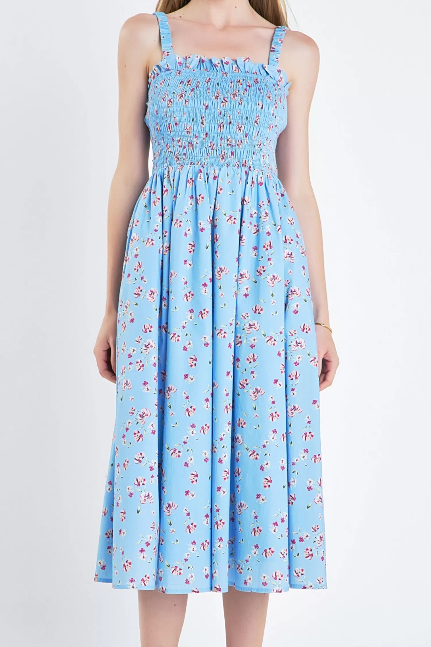 Outlet Floral Print Smocked Dress in Blue Midi Dresses | Best Dressed Guest