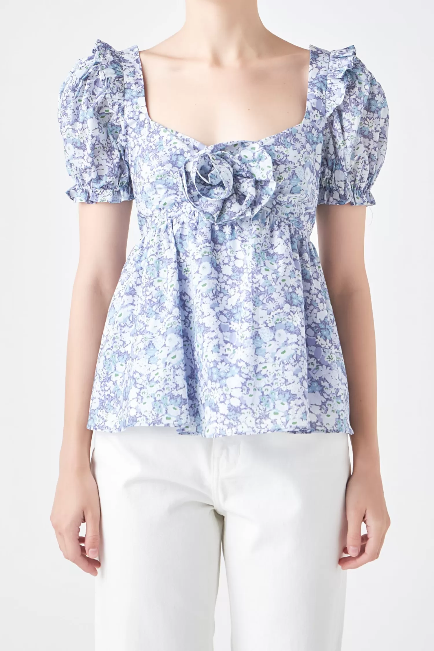 Best Sale Floral Print Top With Flower Puff Sleeve Perfection | Tops