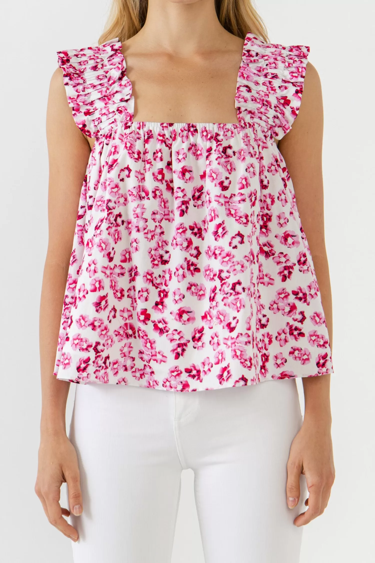 Fashion Floral Printed Ruffle Shoulder Tank Top Tops