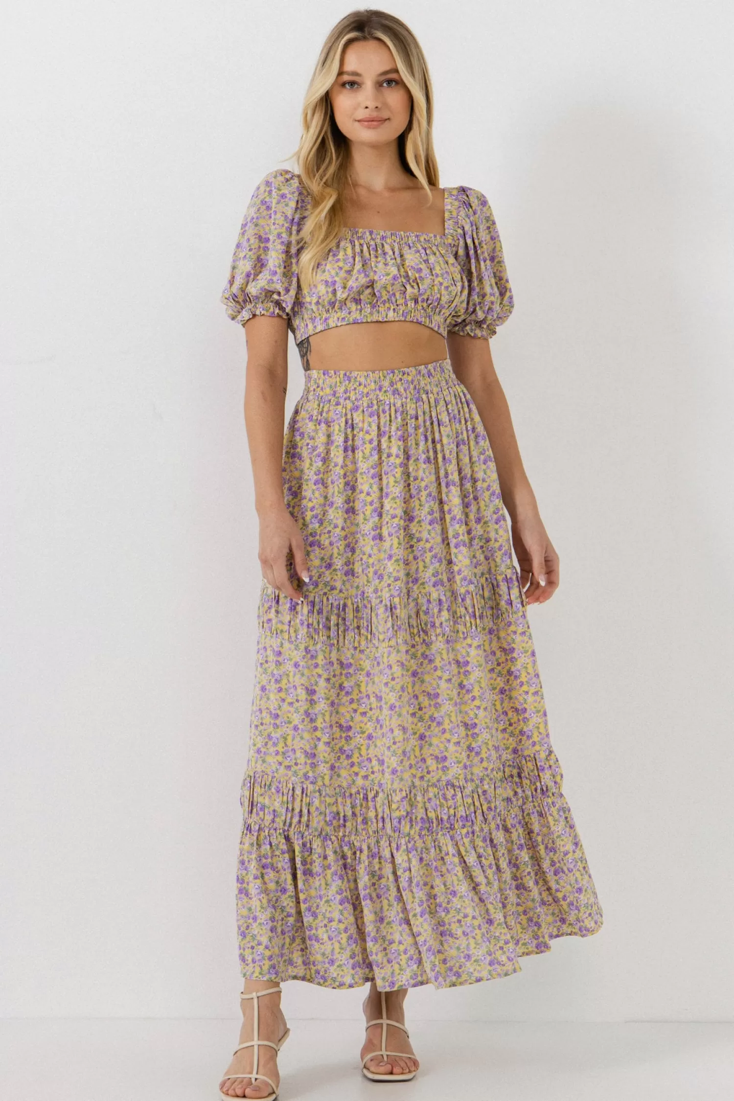 Clearance Floral Shirring Detail Long Skirt Maxi Dresses | Skirts