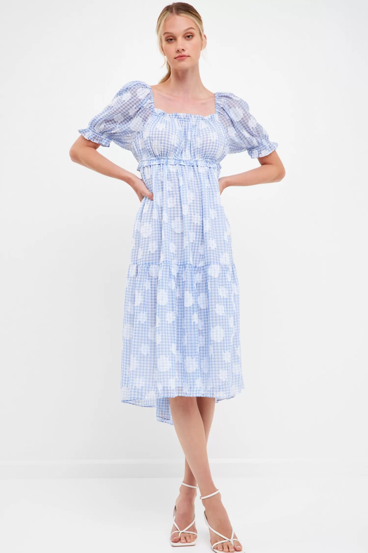 Hot Floral Texture with Gingham Printed Midi Dress Midi Dresses | Puff Sleeve Perfection