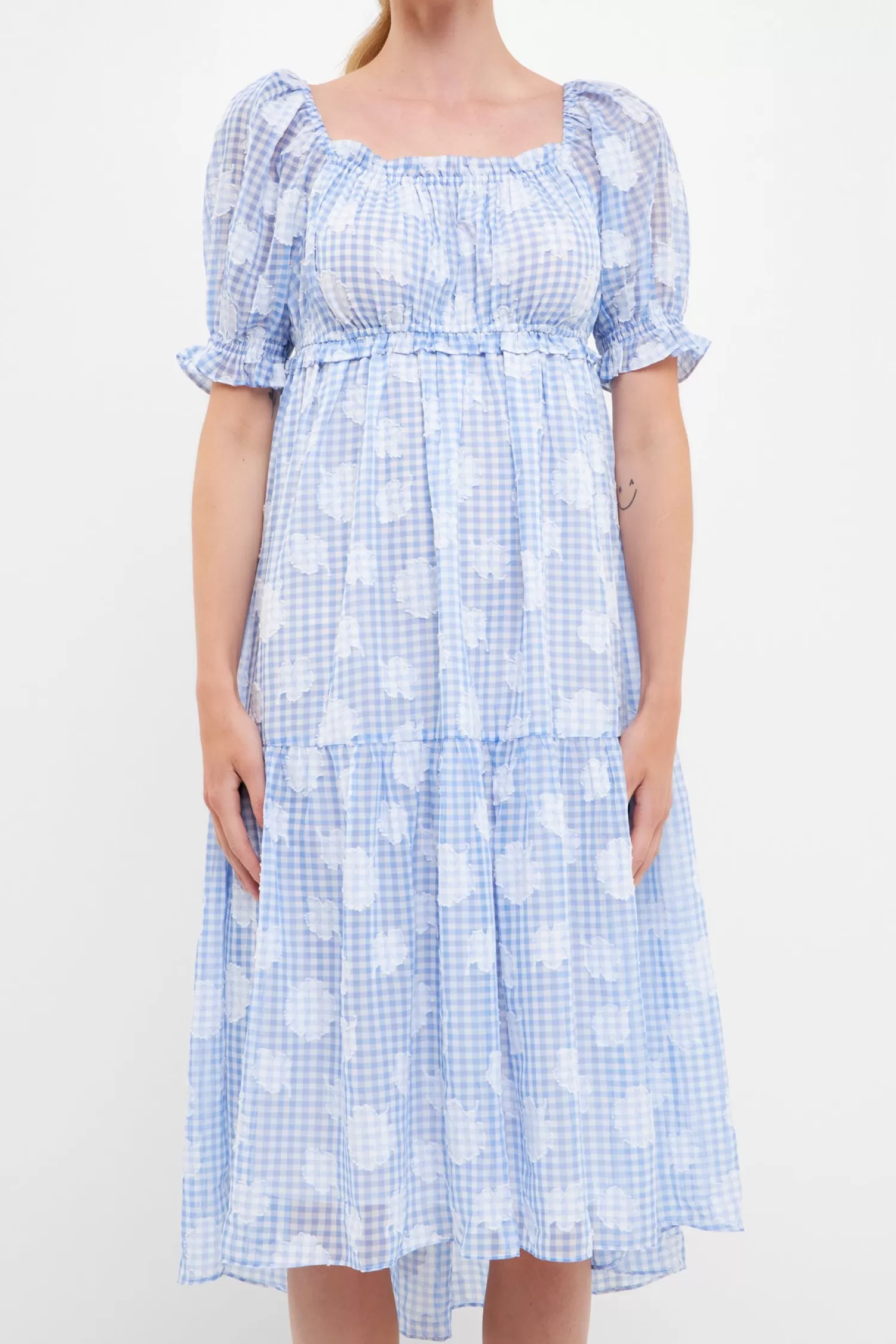 Hot Floral Texture with Gingham Printed Midi Dress Midi Dresses | Puff Sleeve Perfection