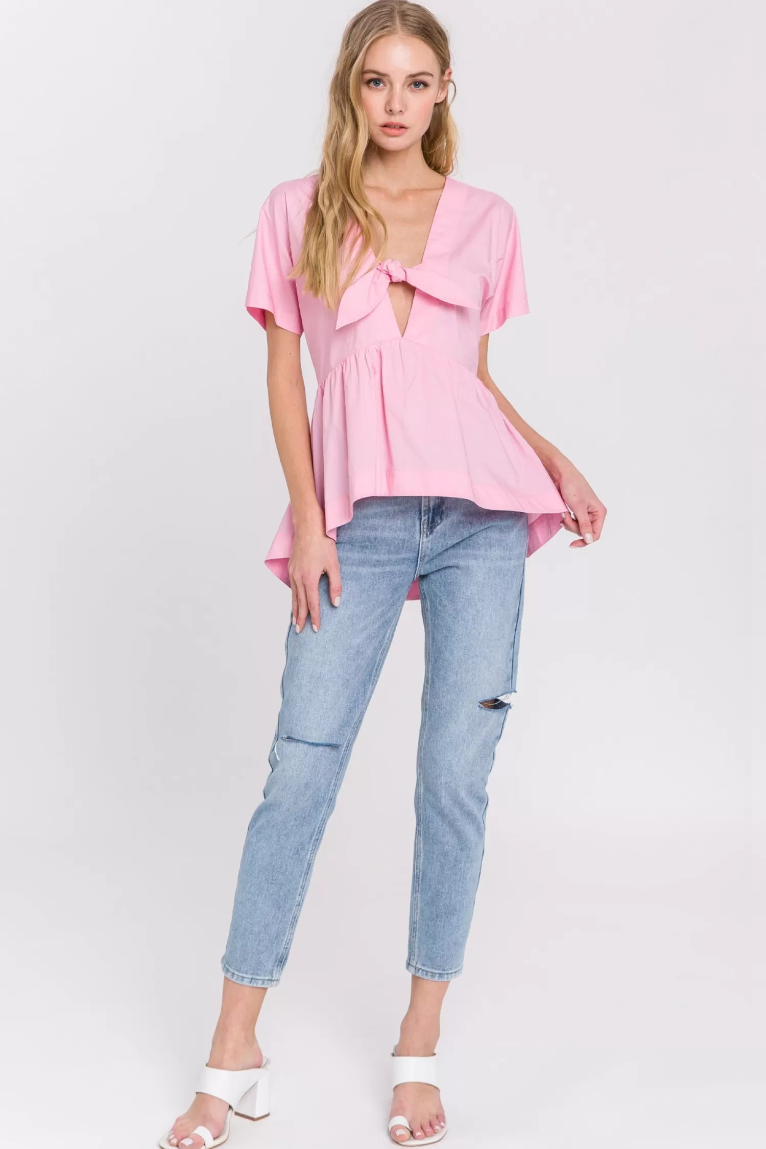 New Front Tie Poplin Top Tops