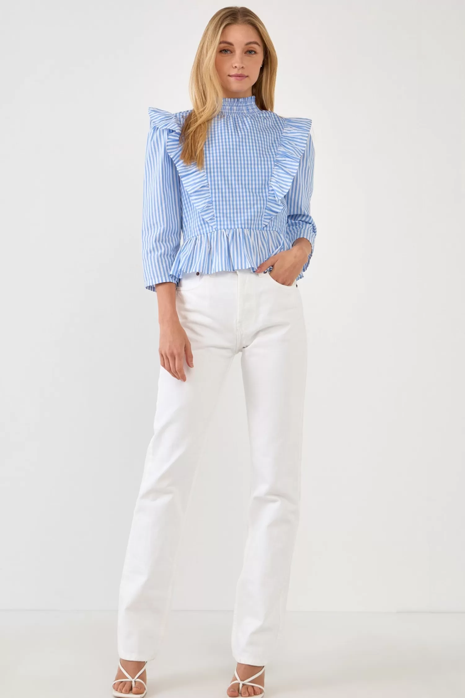 Sale Gingham Check & Stripe Mixed Blouse Tops