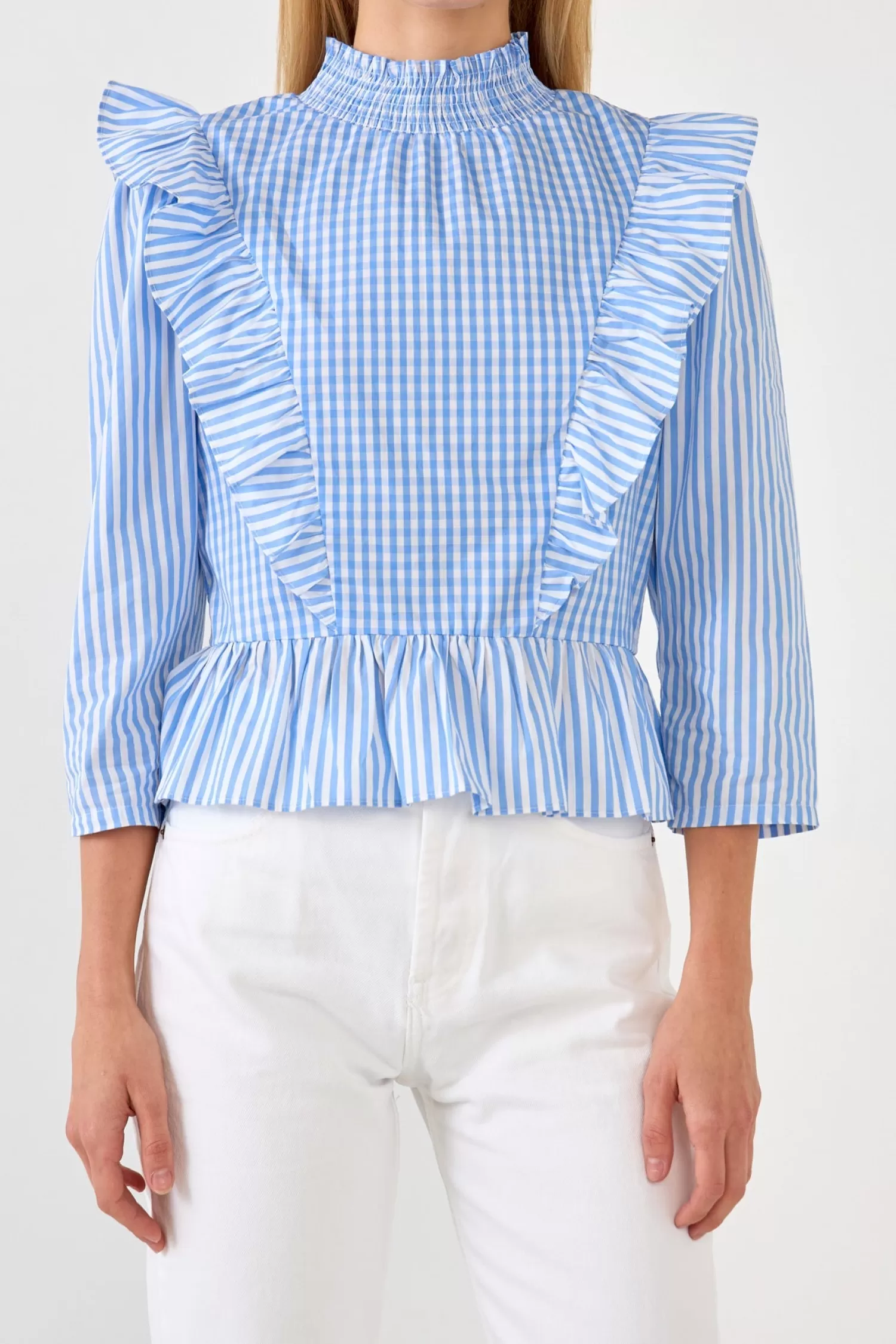 Sale Gingham Check & Stripe Mixed Blouse Tops