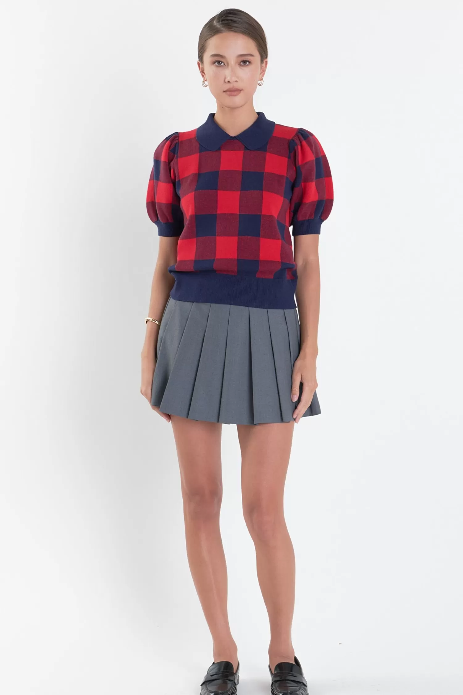 Cheap Gingham Collar Knit Top Puff Sleeve Perfection | Tops