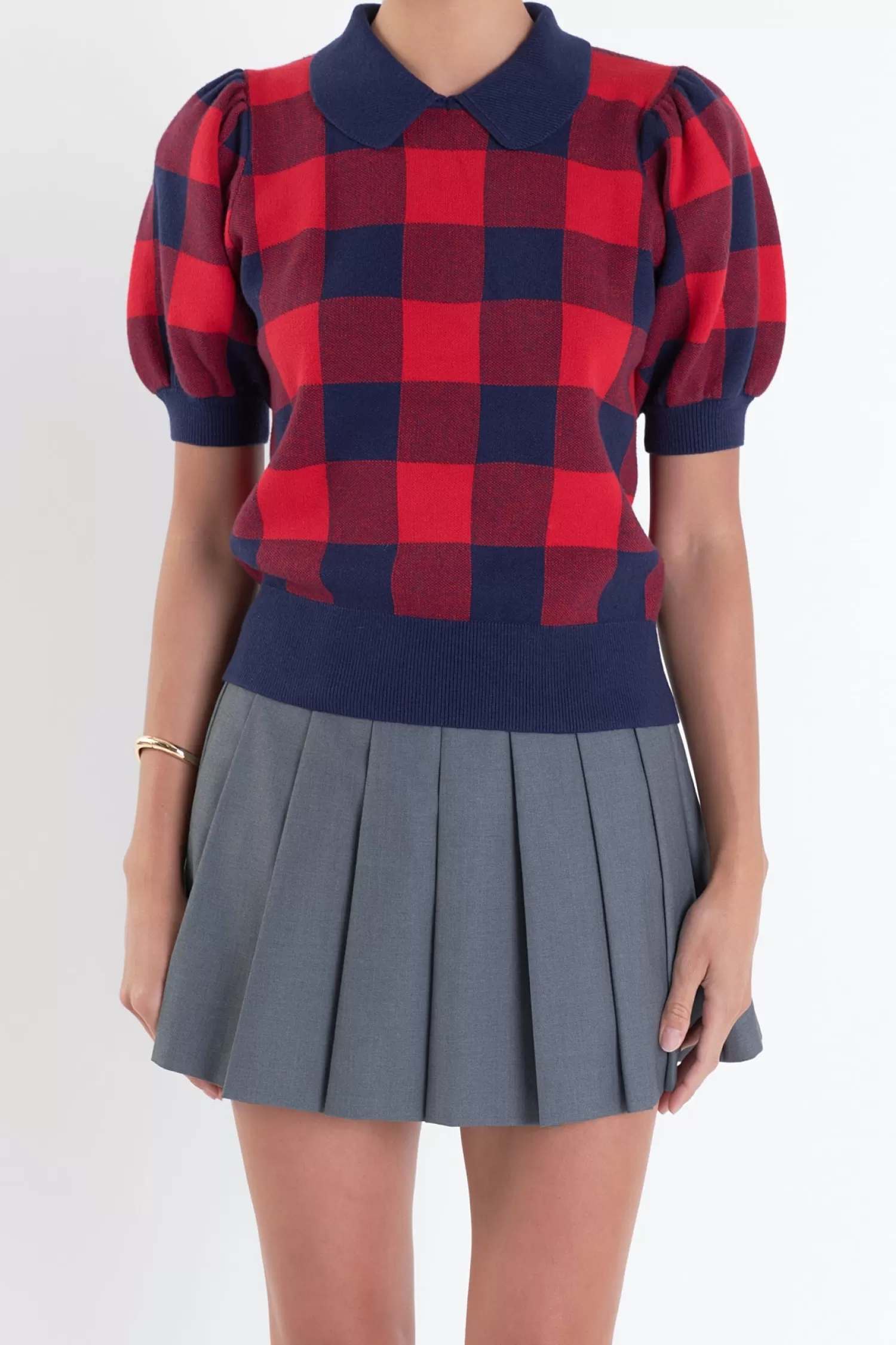 Cheap Gingham Collar Knit Top Puff Sleeve Perfection | Tops