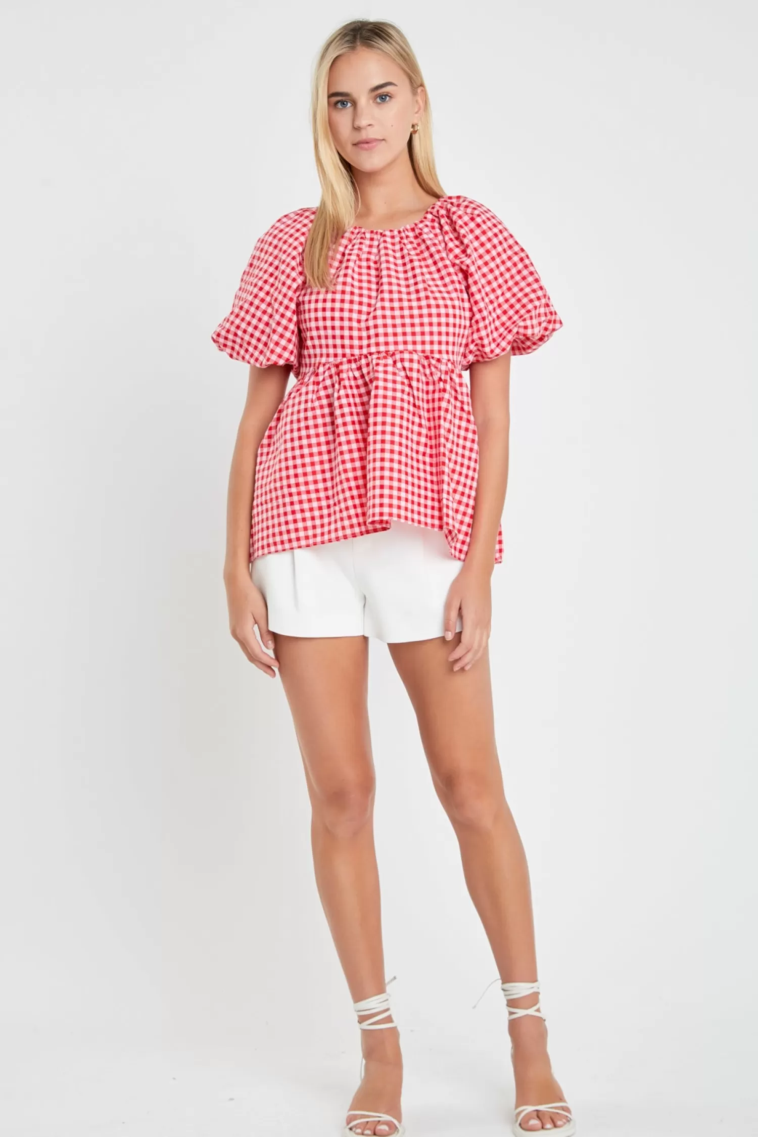 Outlet Gingham Neck Shirred Flowy Top Puff Sleeve Perfection | Tops