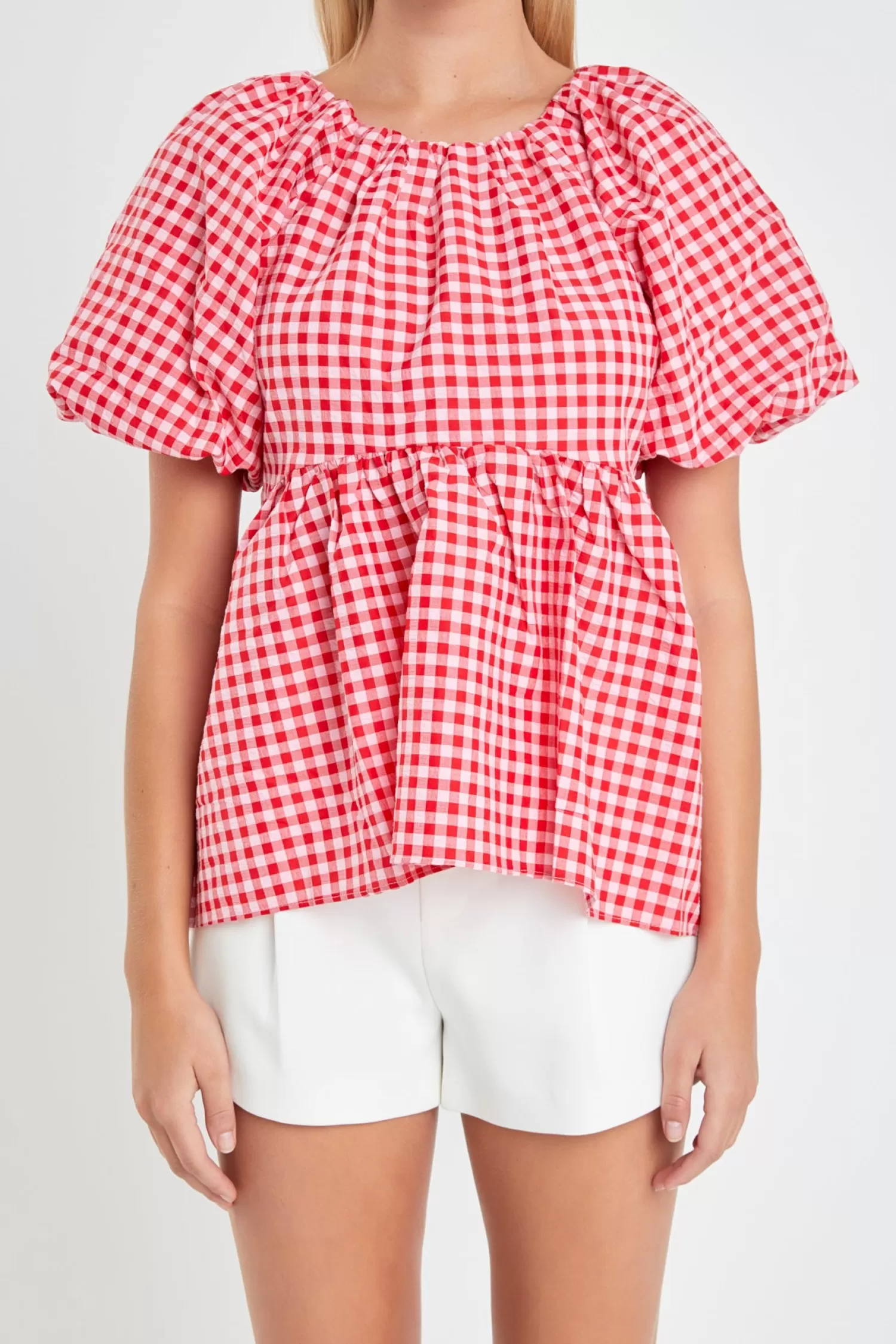 Outlet Gingham Neck Shirred Flowy Top Puff Sleeve Perfection | Tops