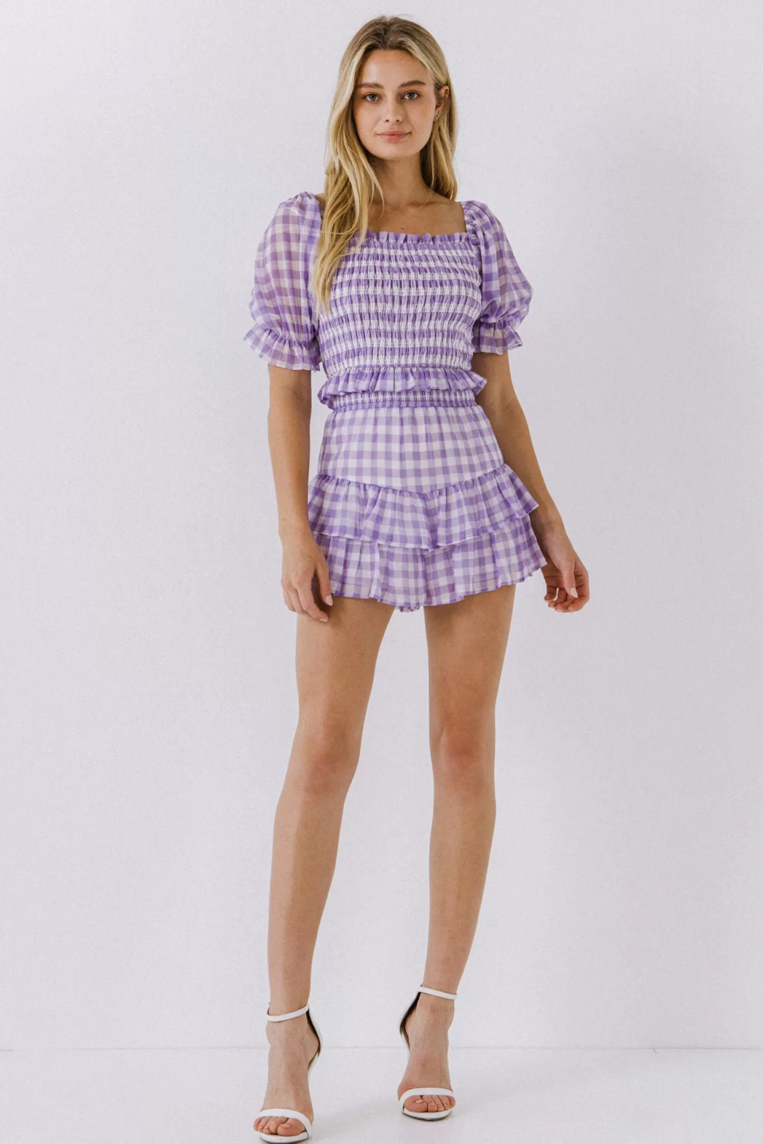 Outlet Gingham Print Smocked Top Puff Sleeve Perfection | Tops