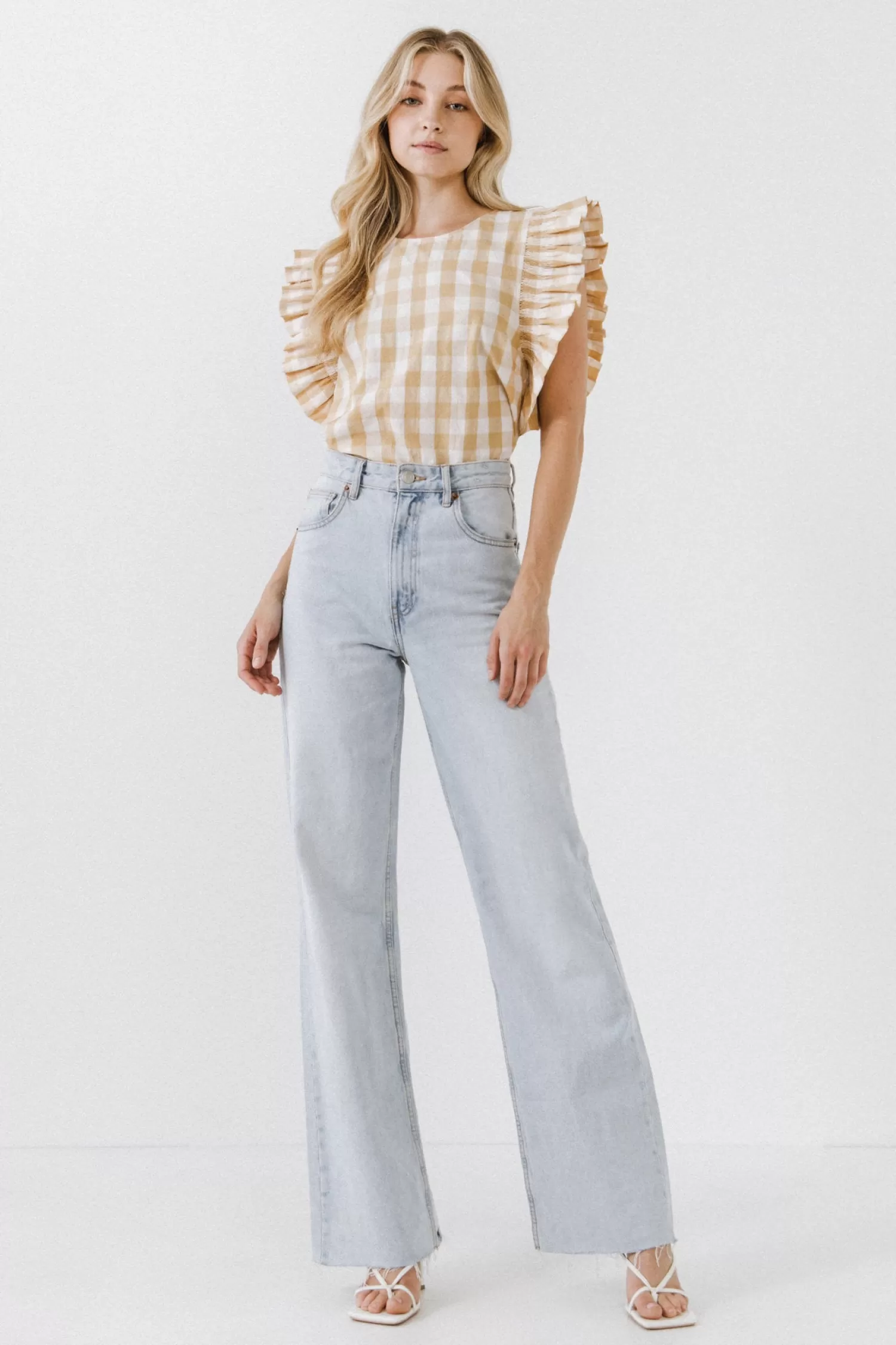 New Gingham Ruffled Top Tops