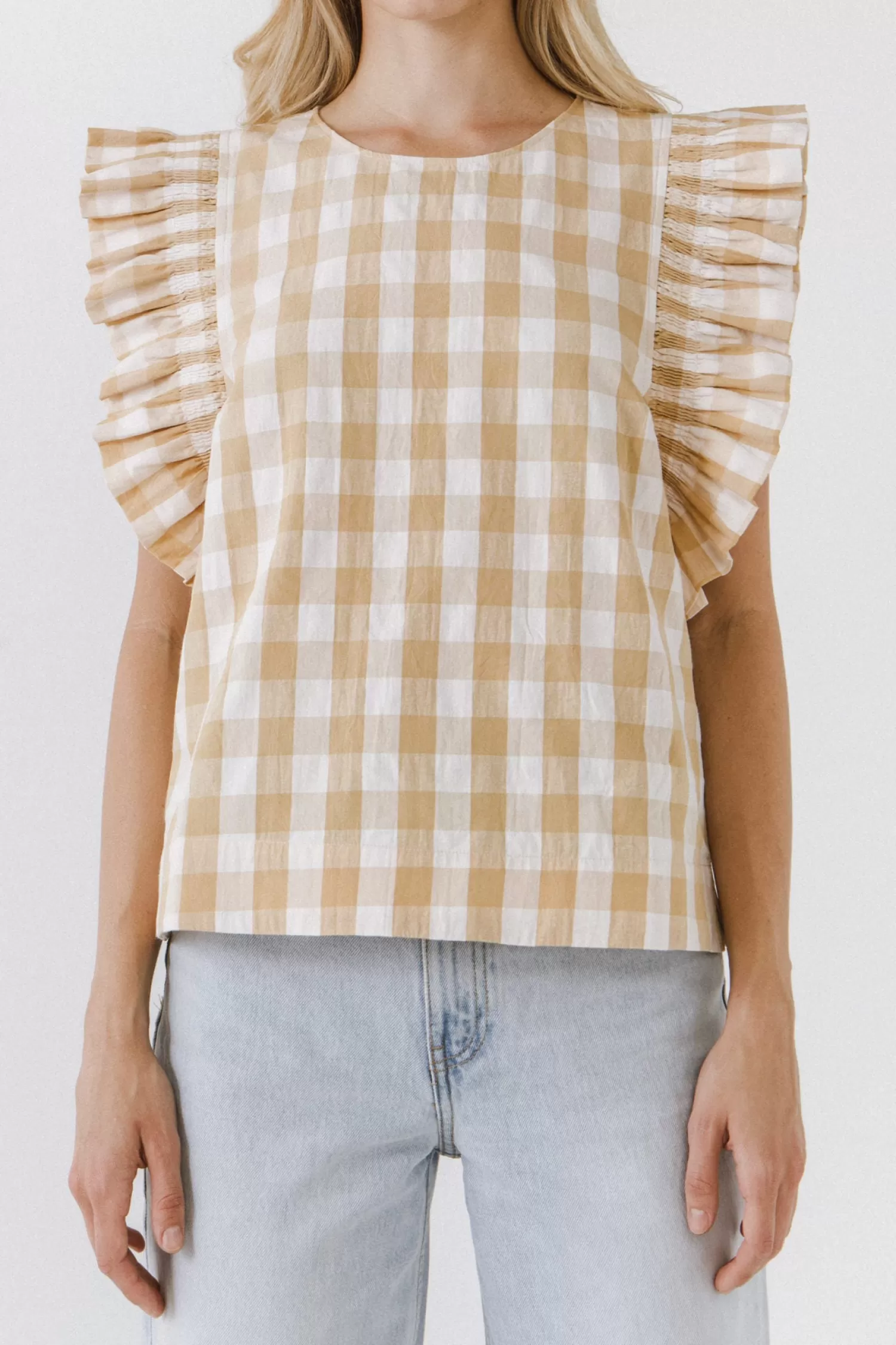 New Gingham Ruffled Top Tops