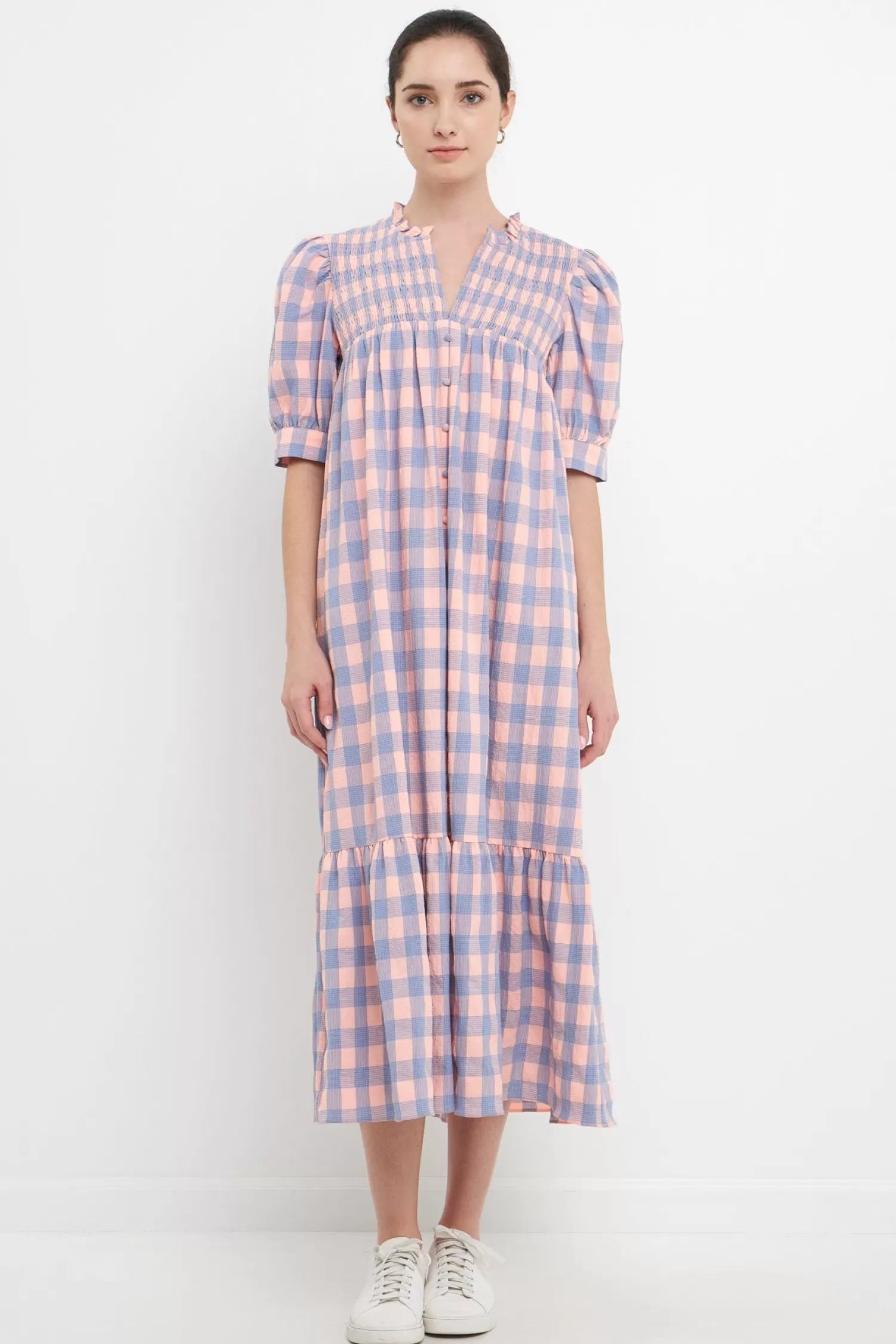 Cheap Gingham Textured Smocked Yoke Midi Dress Midi Dresses | Lounge & Casual