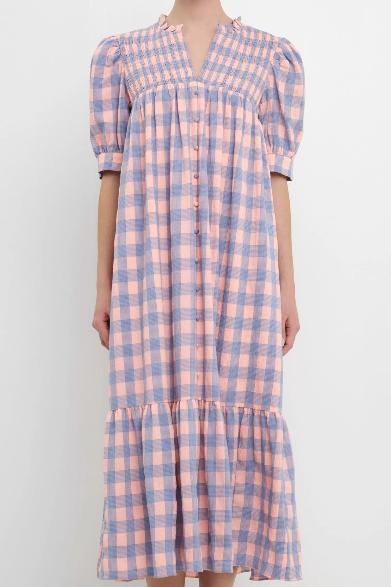 Cheap Gingham Textured Smocked Yoke Midi Dress Midi Dresses | Lounge & Casual