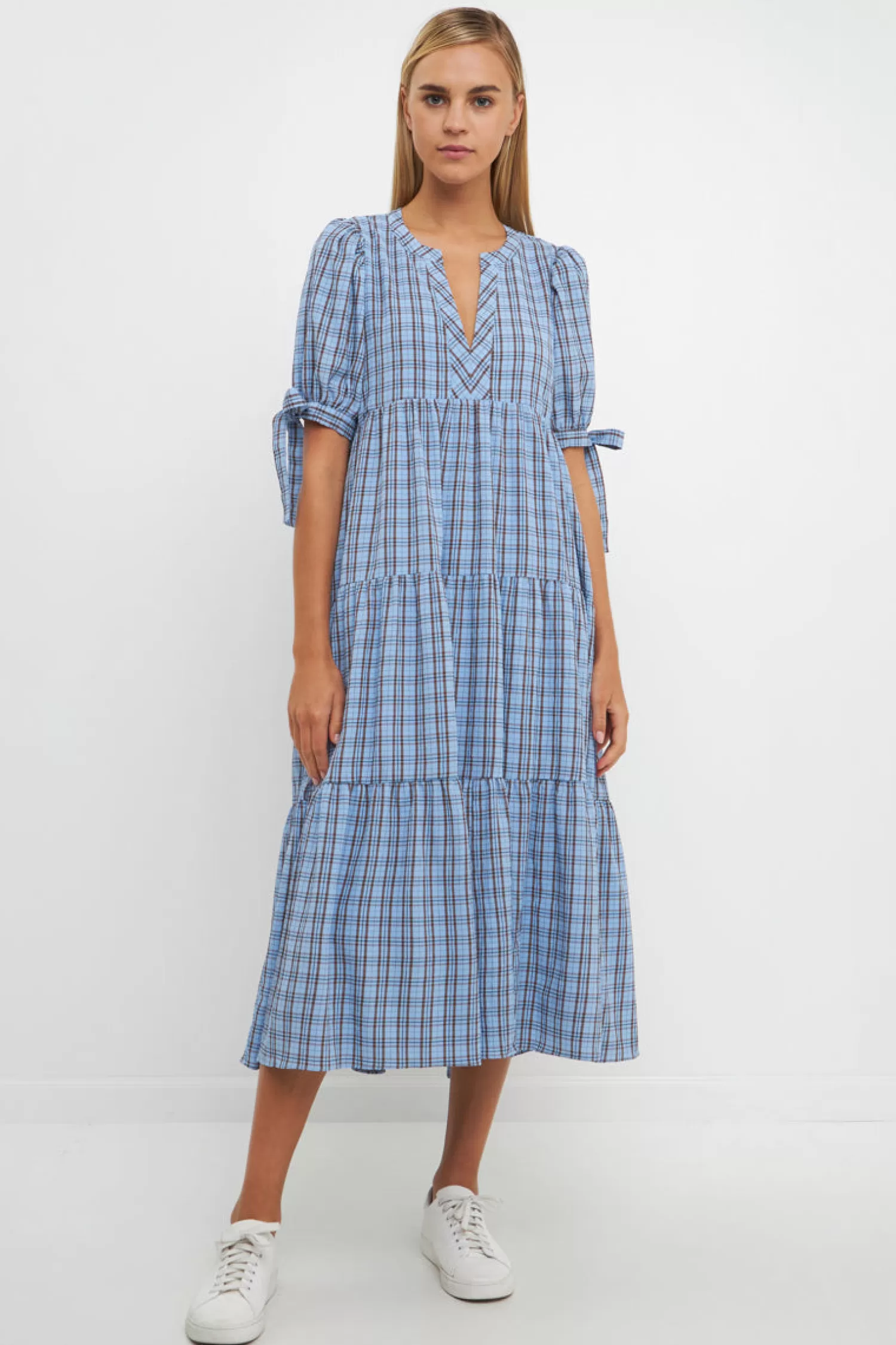 Outlet Gingham Tiered Dress with Bow-Tie Sleeves- Final Sale Midi Dresses | Lounge & Casual