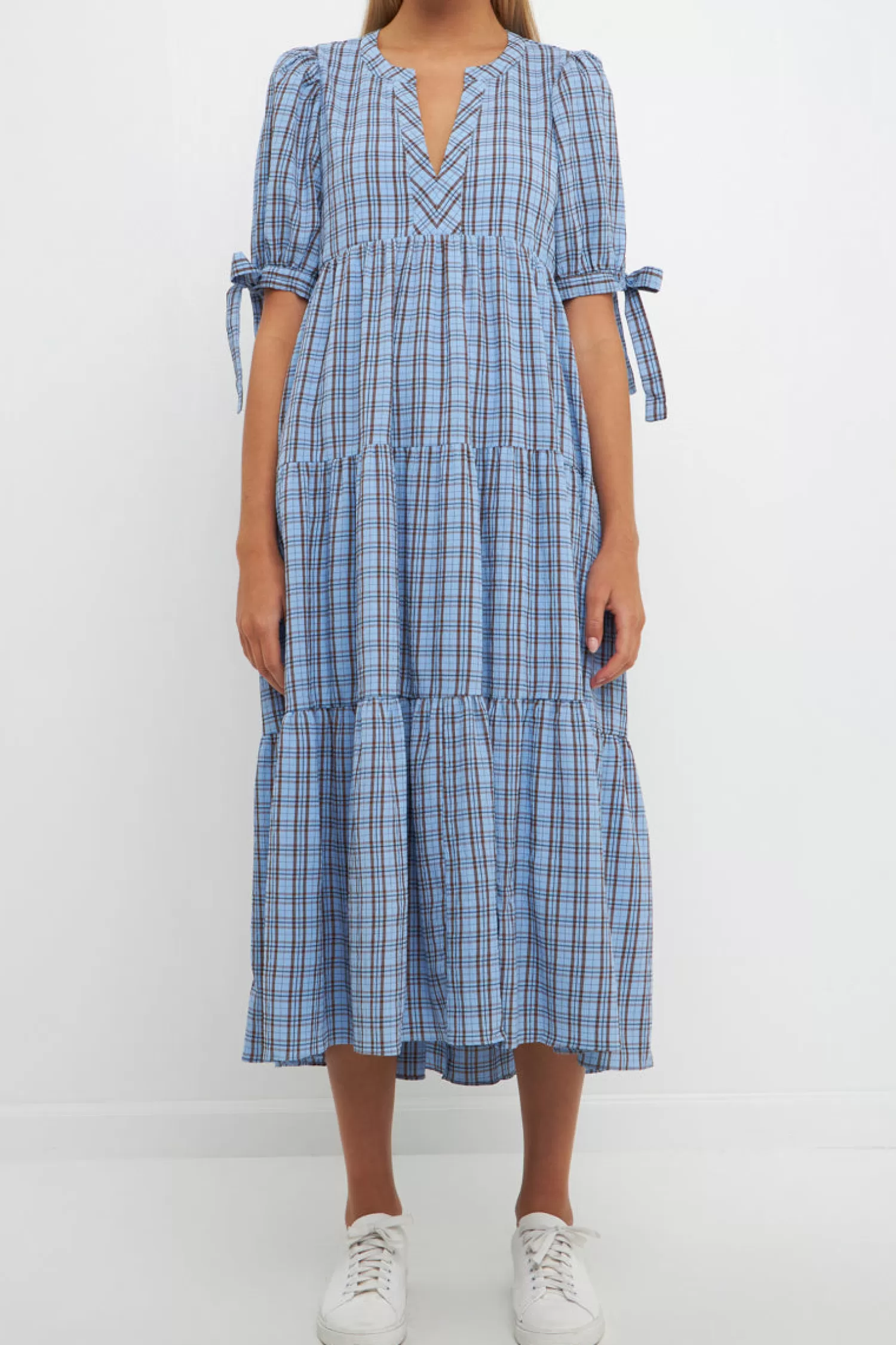 Outlet Gingham Tiered Dress with Bow-Tie Sleeves- Final Sale Midi Dresses | Lounge & Casual