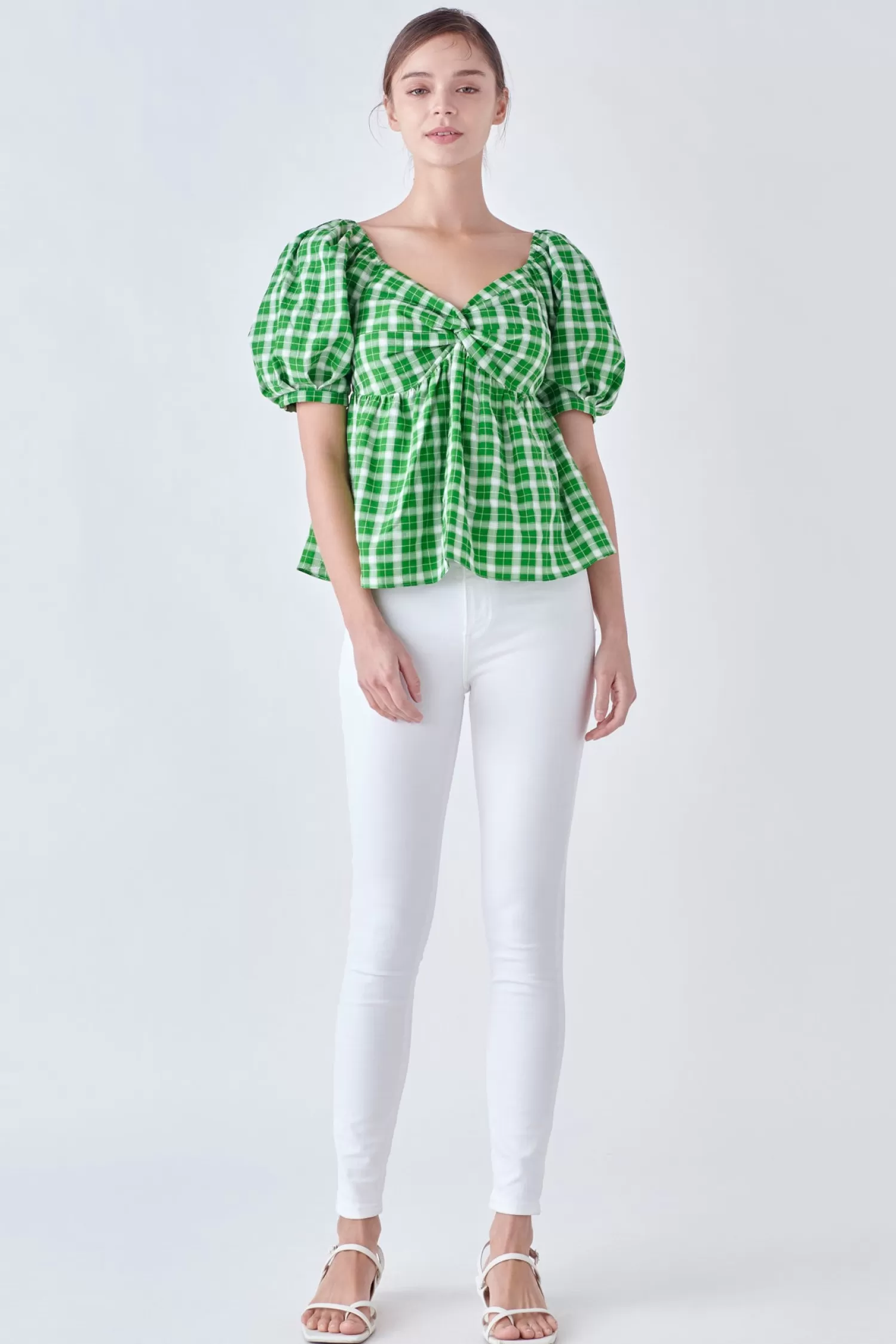 Best Sale Gingham Twisted Puff Sleeve Top Puff Sleeve Perfection | Tops