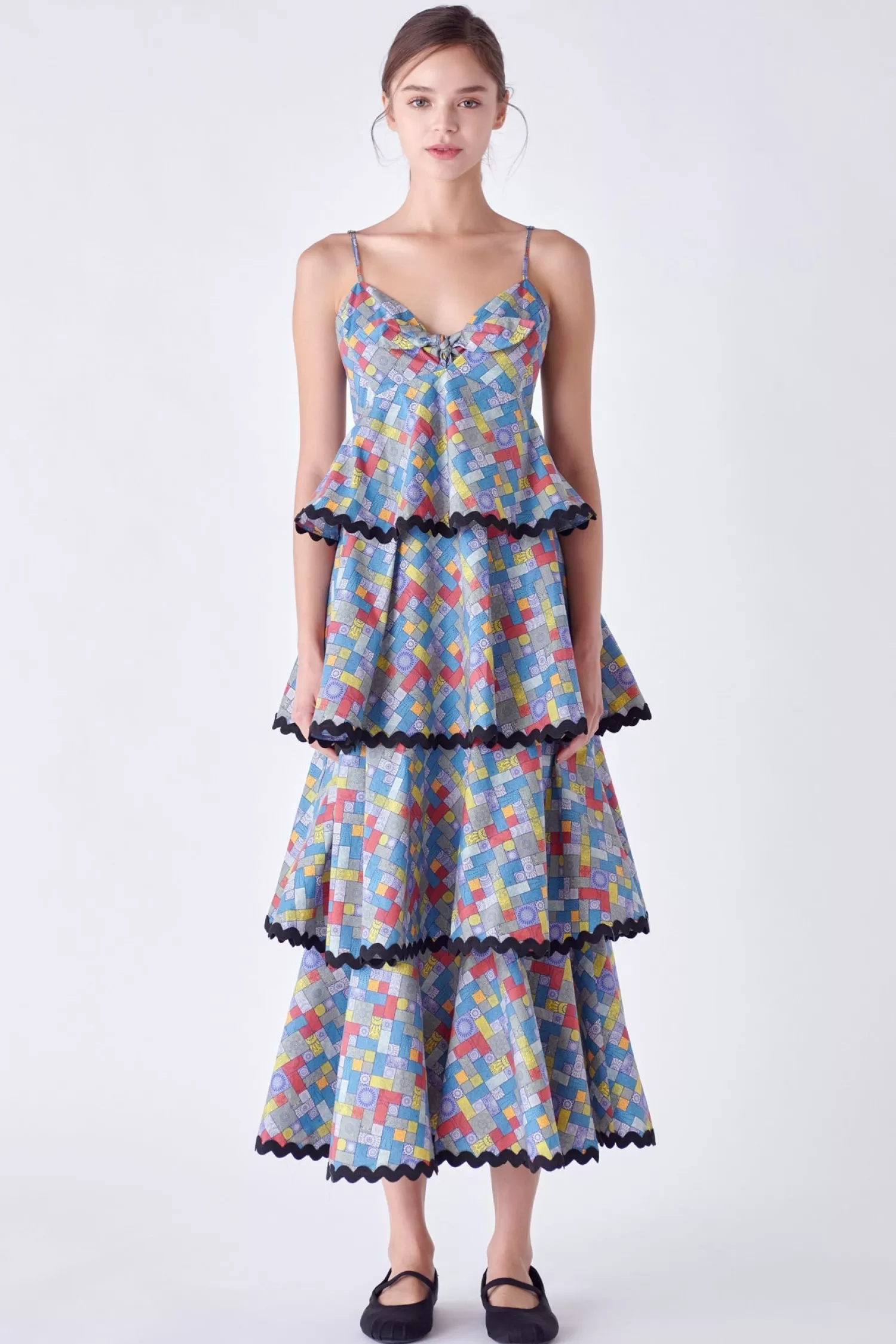 New Grid Print Tiered Maxi Dress with Ric Rac Trim Special Occasion | Maxi Dresses